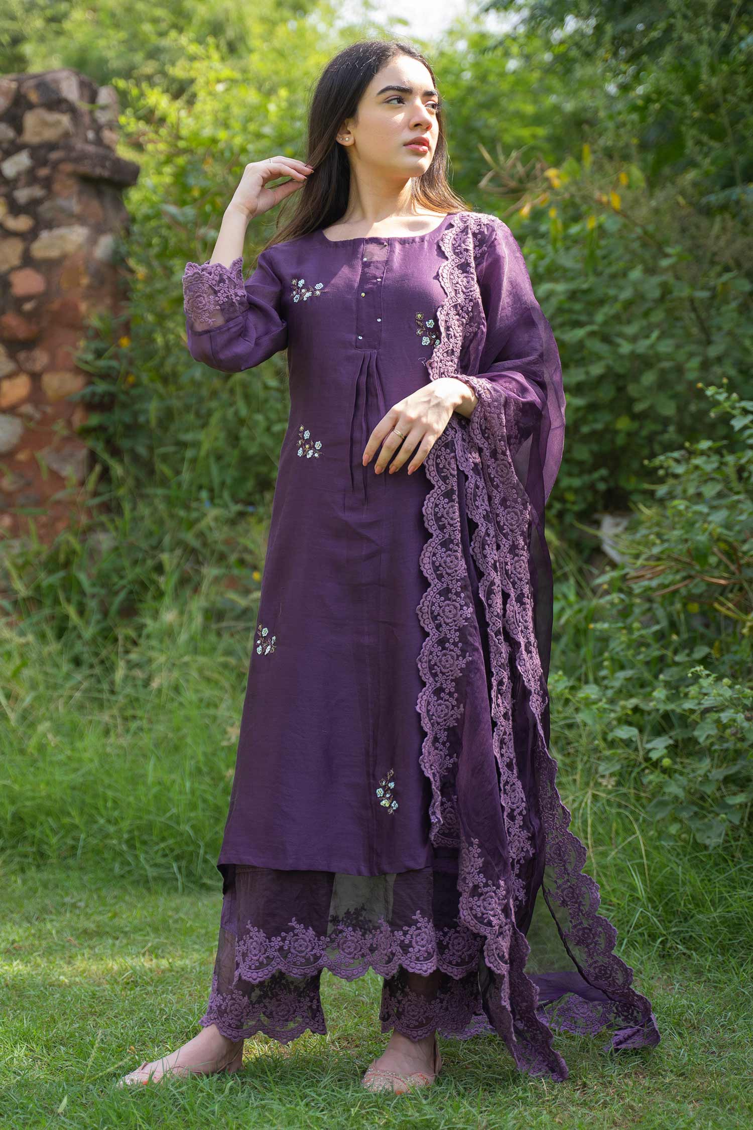 Buy Naaz By Noor Purple Embroidered Silk Chanderi Kurta Set Online