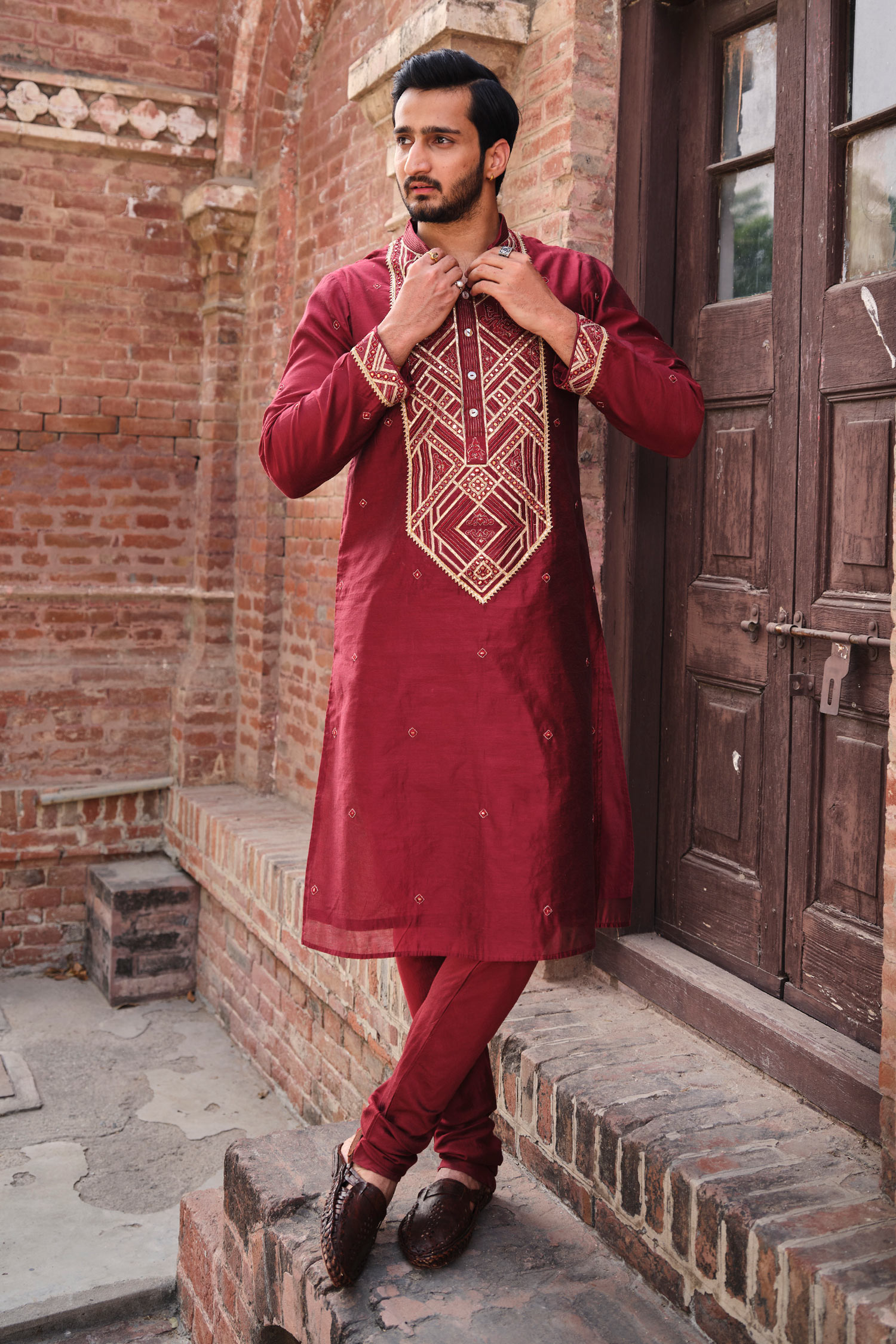 Nitesh Singh Chauhan Maroon Chanderi Art Silk Rajasthani Embroidered Kurta Set