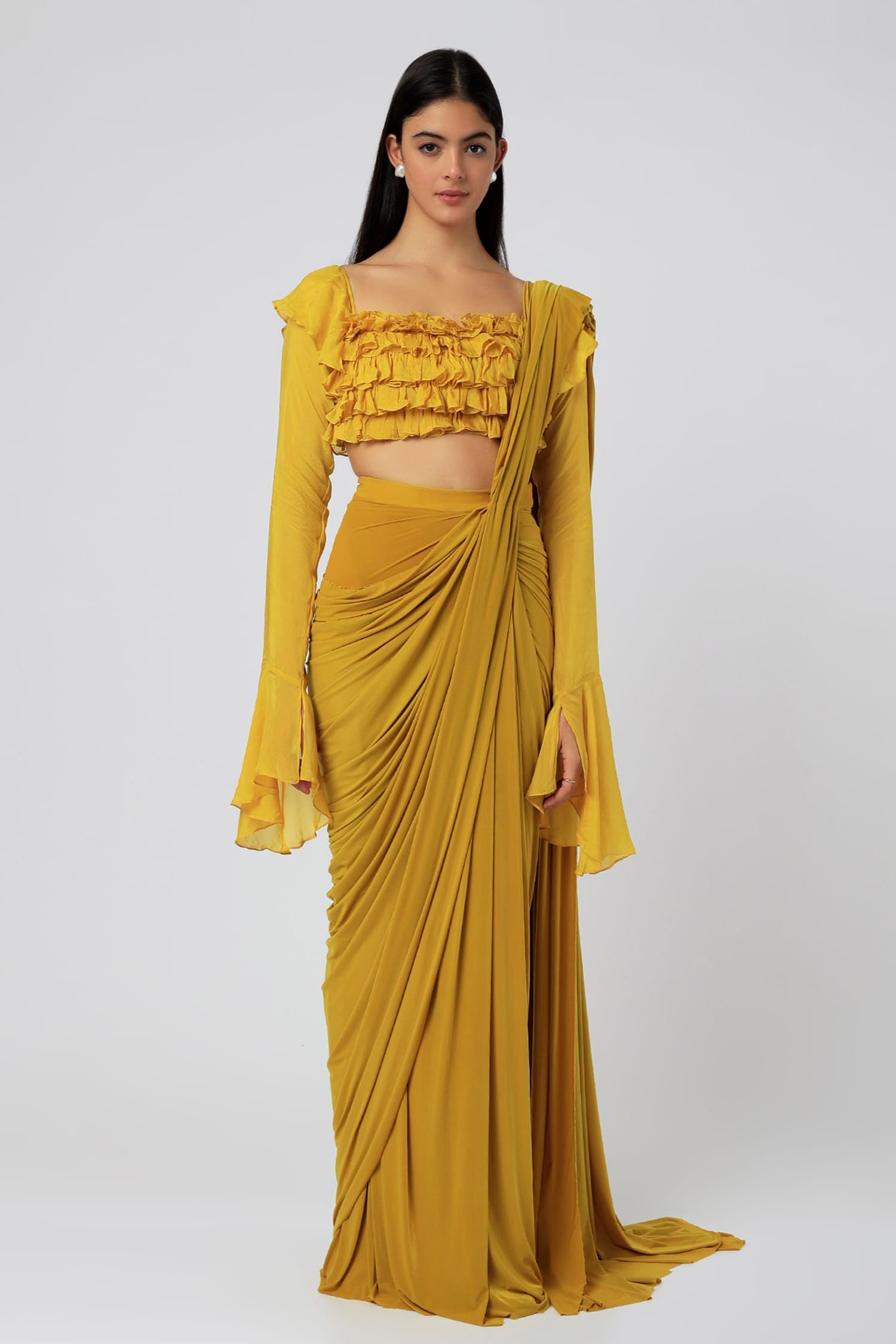 Buy Deme by Gabriella Yellow Malai Lycra Pre-draped Saree With Ruffle ...