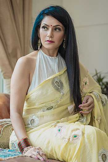 Buy Ruar India Yellow Chiffon Peacock Feather Embroidered Saree With ...