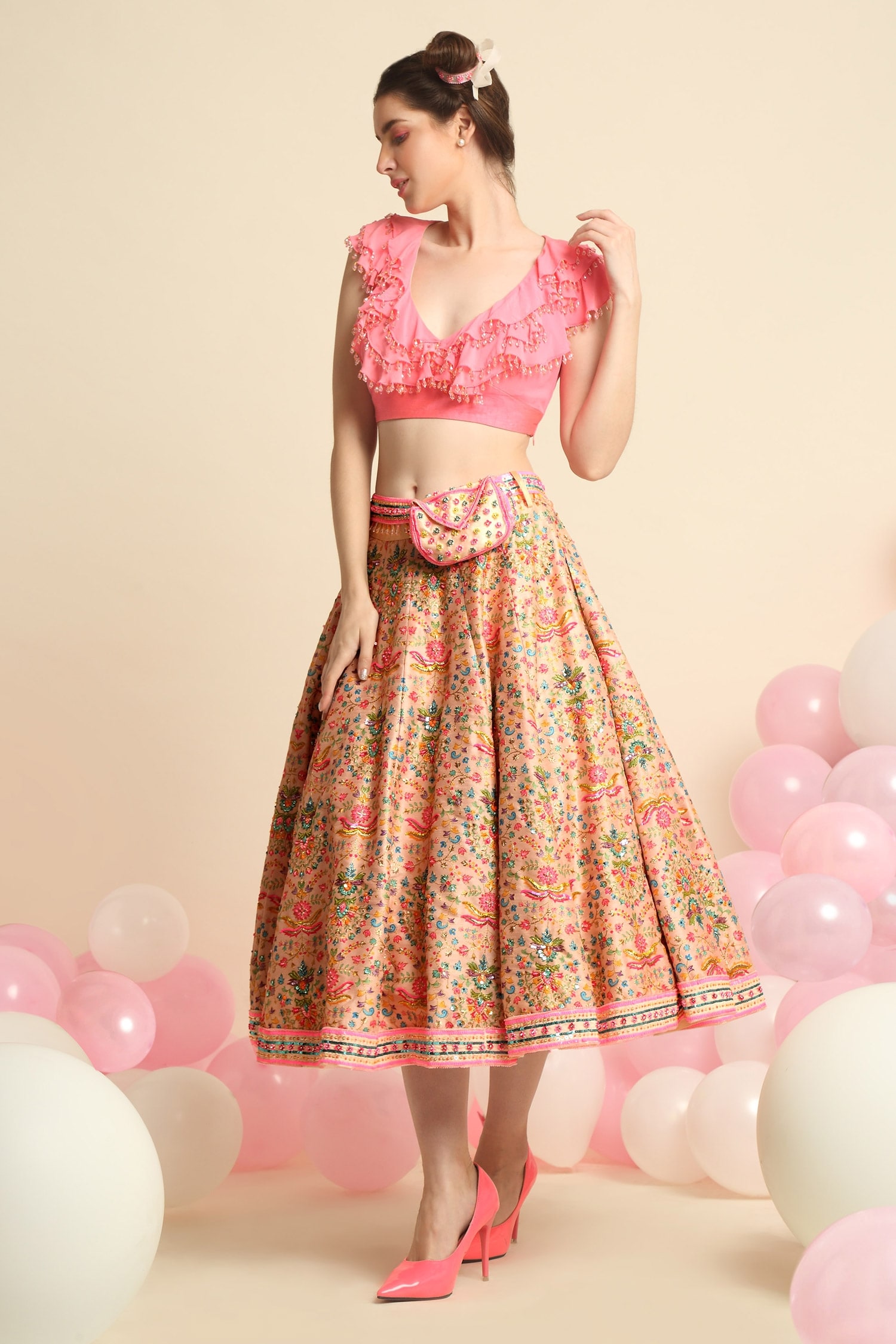 Priyanka Jain Peach Dupion Silk Floral Embroidered Skirt Set
