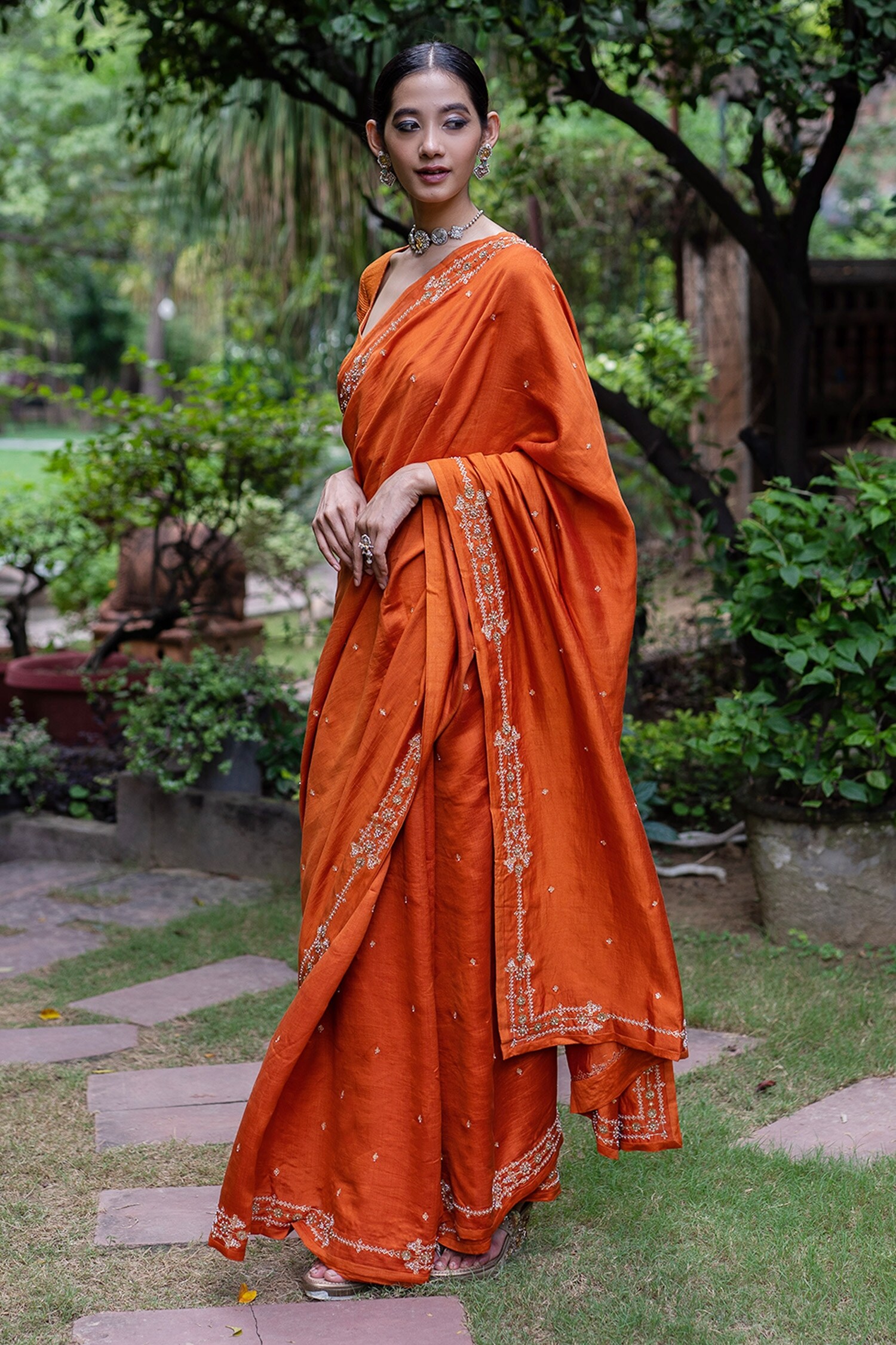 Deepthee Orange Silk Floral Embroidered Saree With Blouse