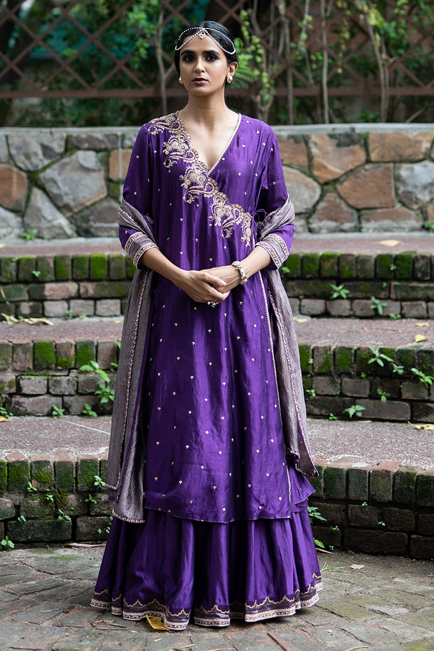 Deepthee Purple Silk Paisley Embroidered Angarkha Kurta Set