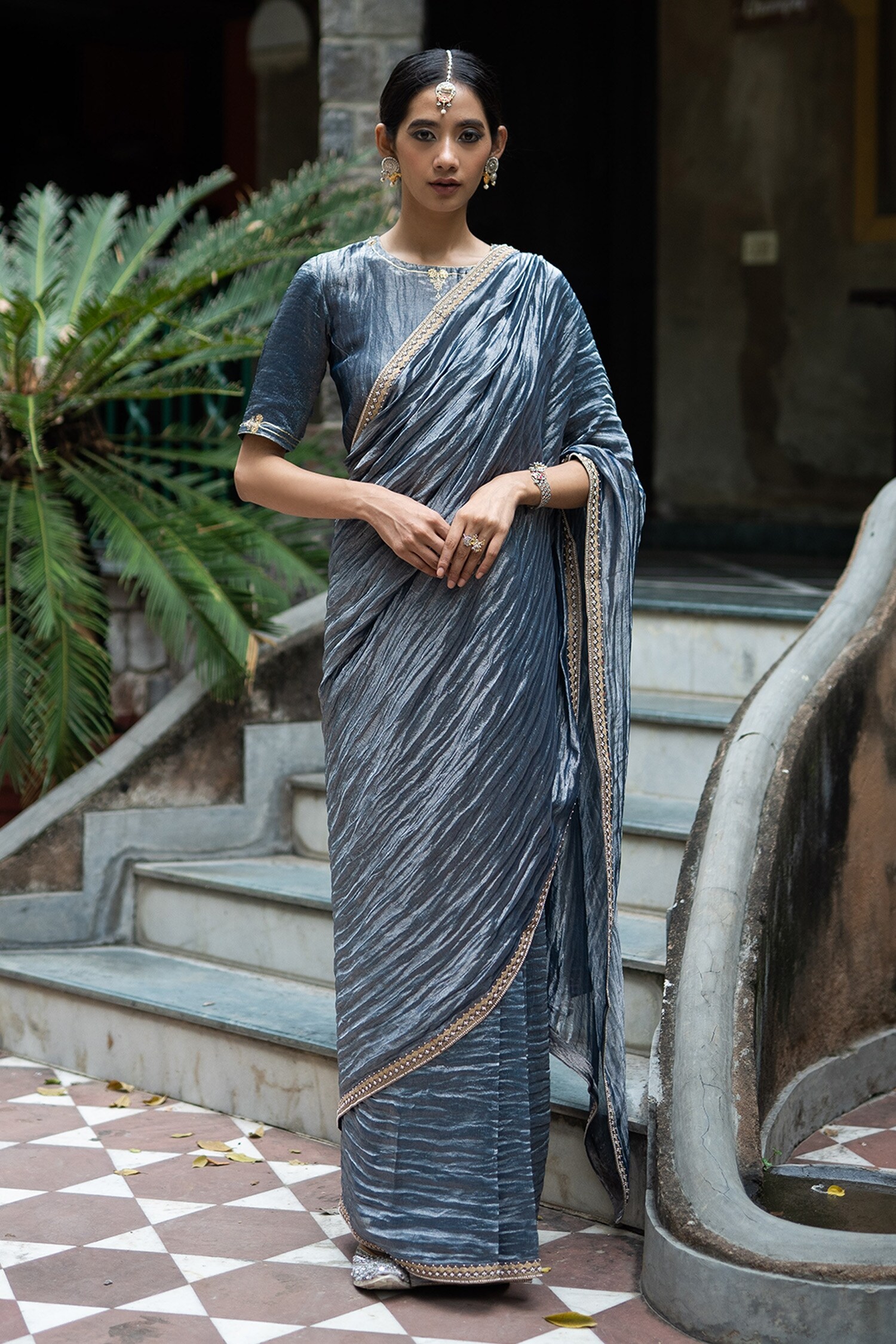Deepthee Blue Tissue Silk Embroidered Border Saree With Blouse