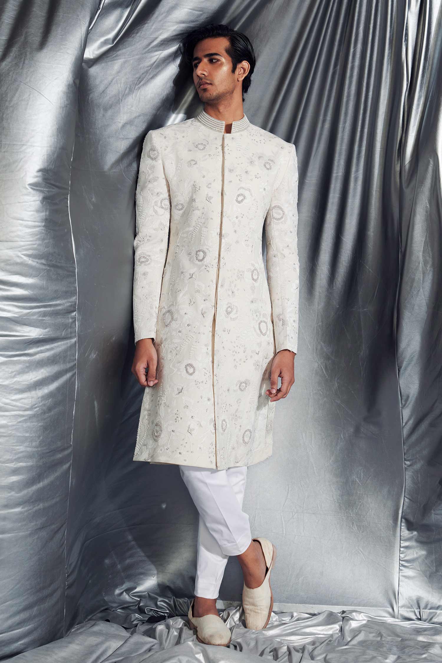 Dev R Nil White Handloom Cotton Embroidered Sherwani