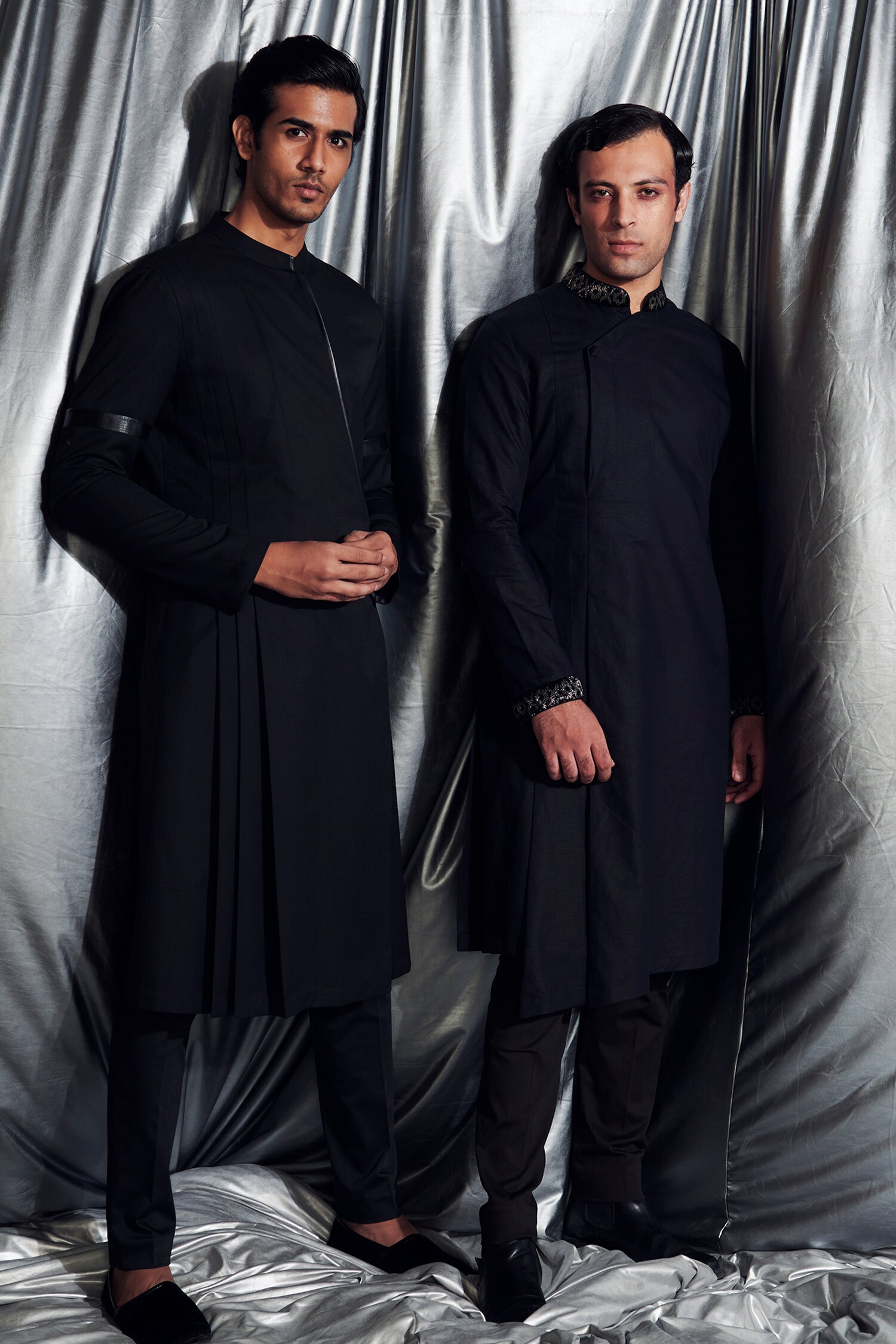 Dev R Nil Black Linen Angrakha Kurta Set