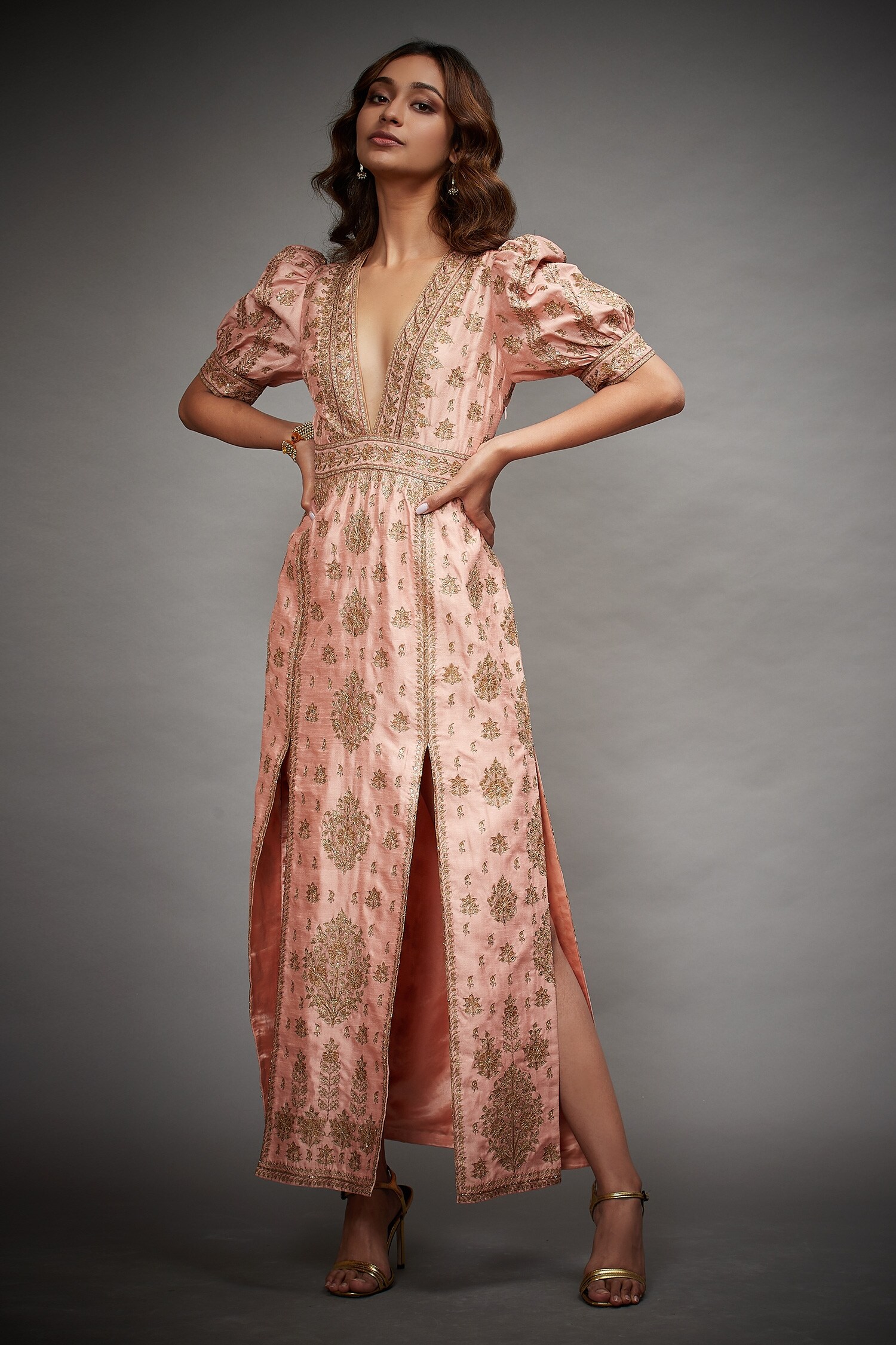 RI.Ritu Kumar Peach Polyester Embroidered Slit Gown