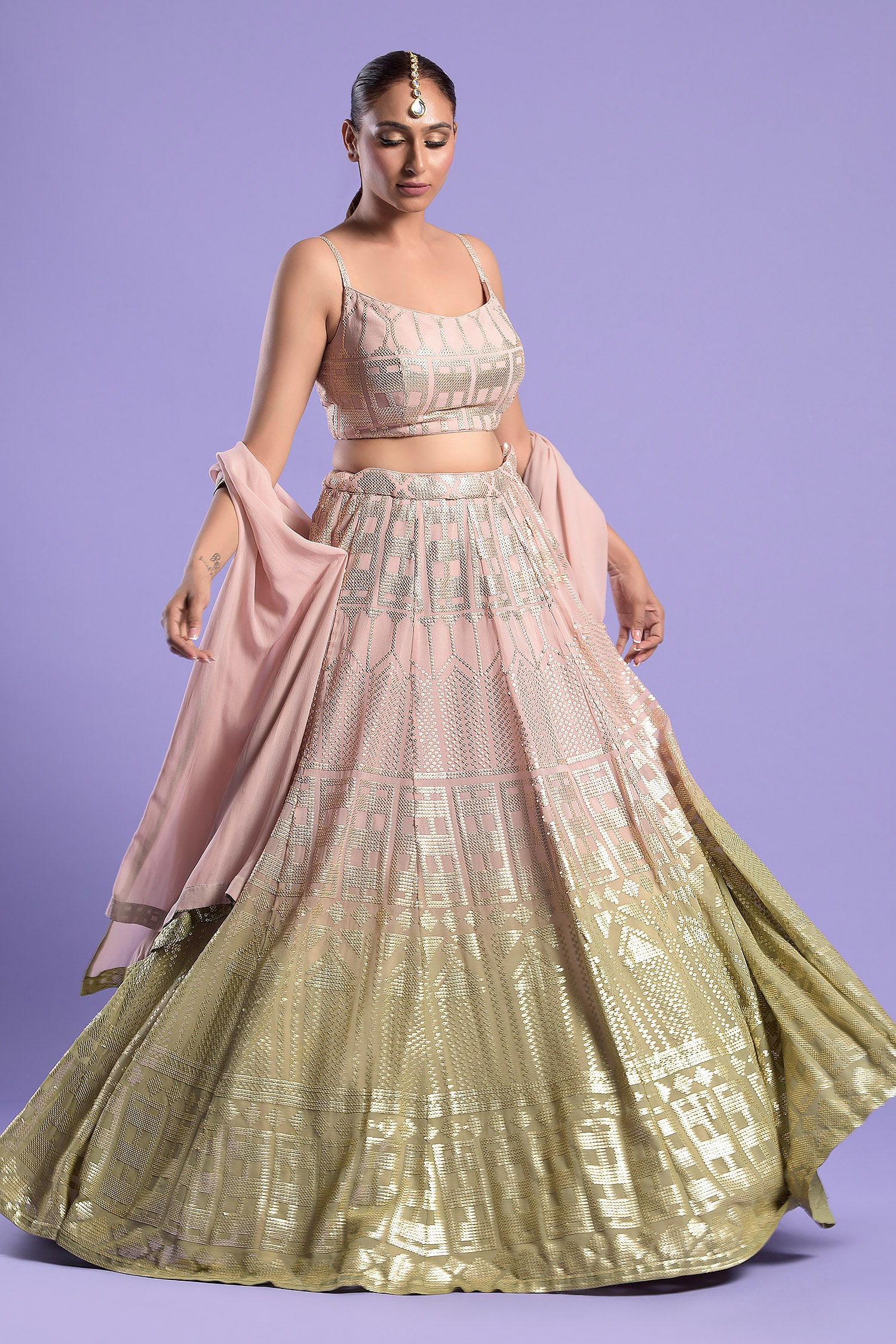 Two Sisters By Gyans Green Organza Embroidered Lehenga Set
