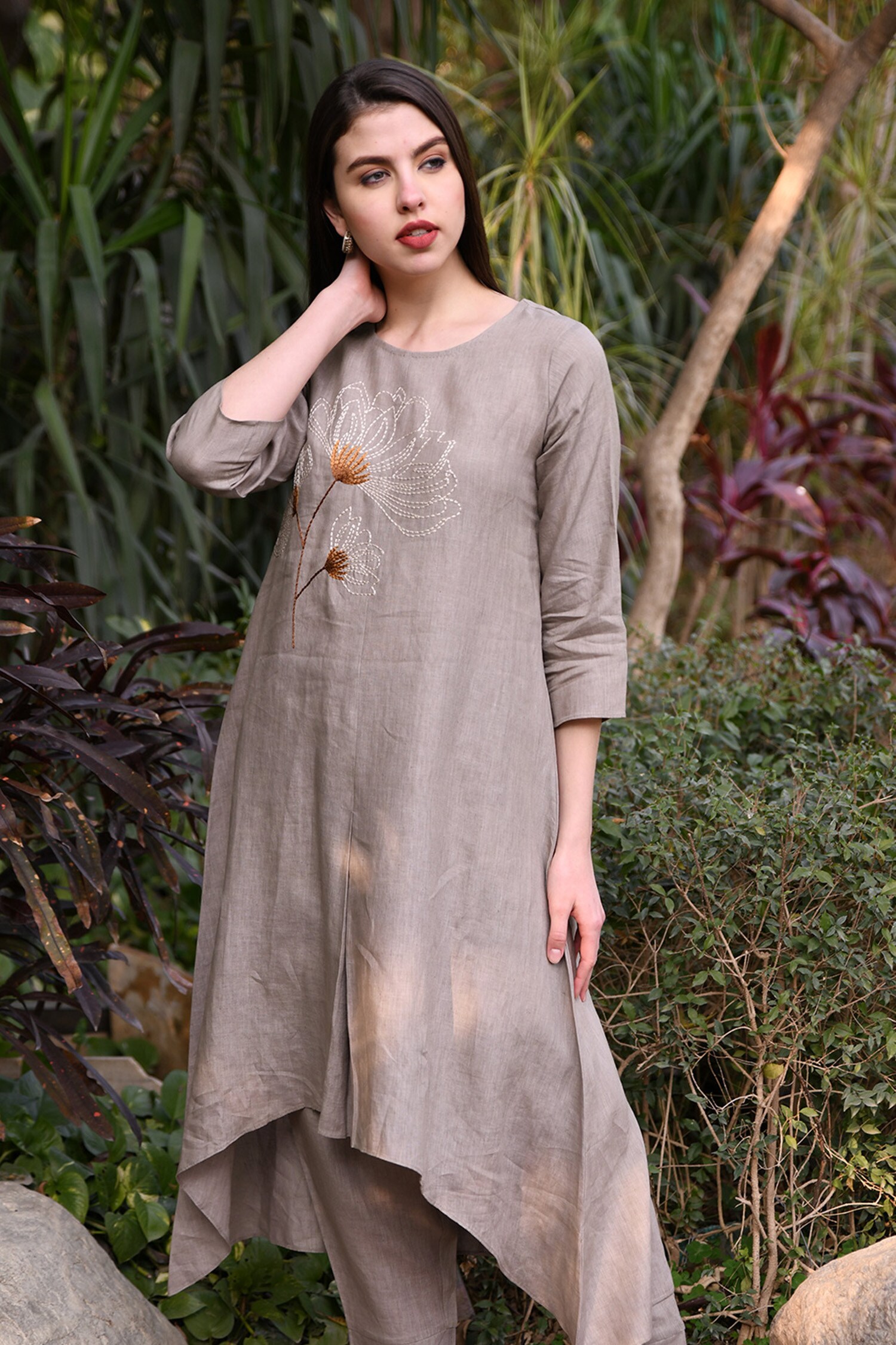 Buy Linen Bloom Grey Linen Asymmetric Tunic Online | Aza Fashions