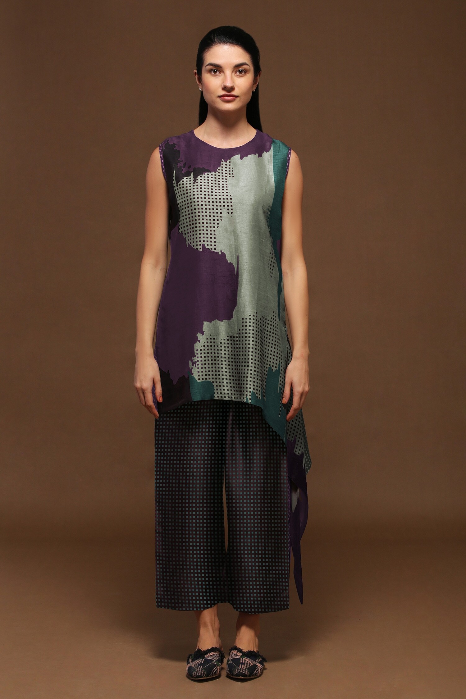 Clos Brown Dupion Silk Printed Asymmetric Kurta And Pant Set