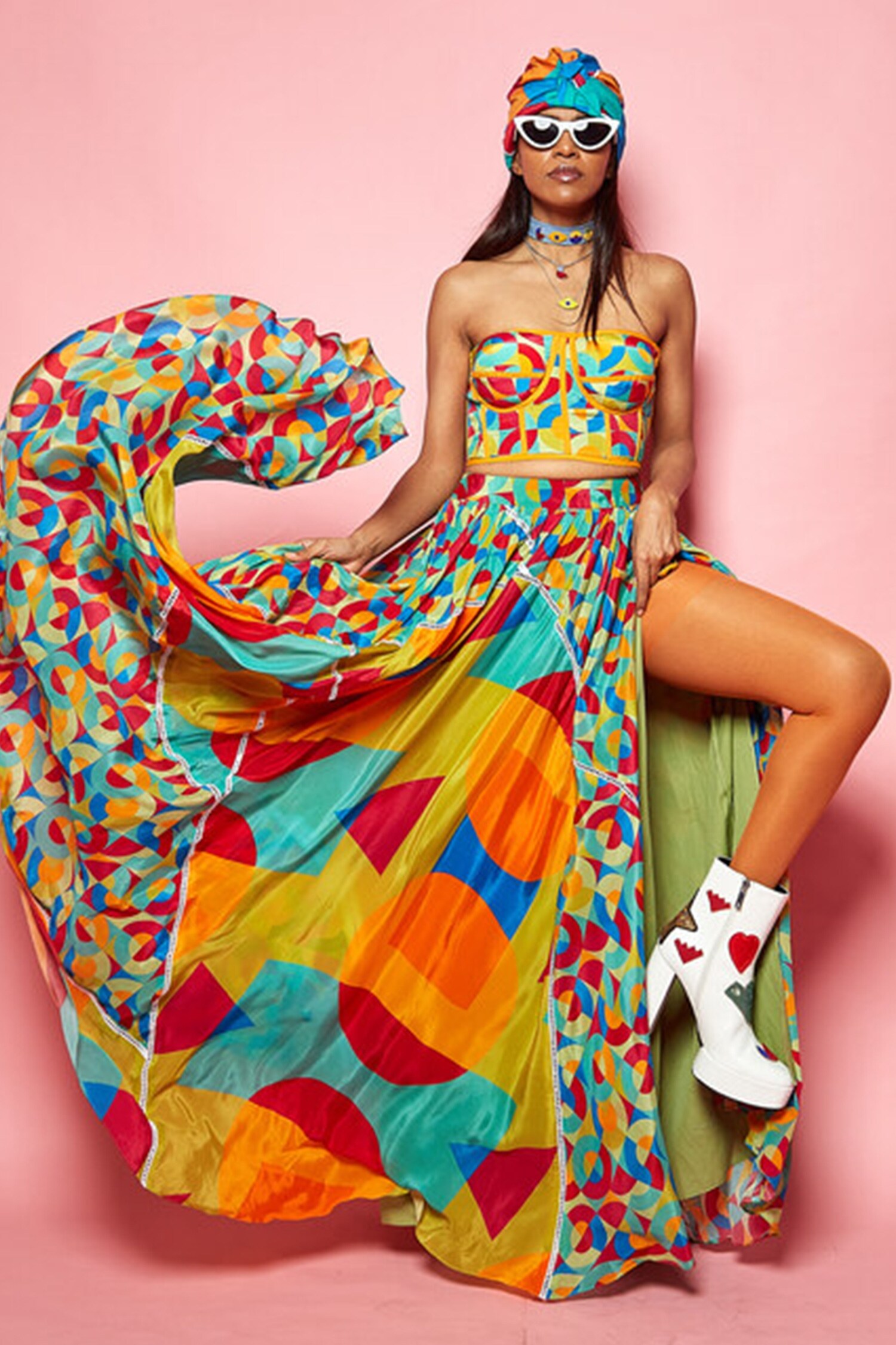 Eshaa Amiin Multi Color Crepe Geometric Pattern Flared Skirt
