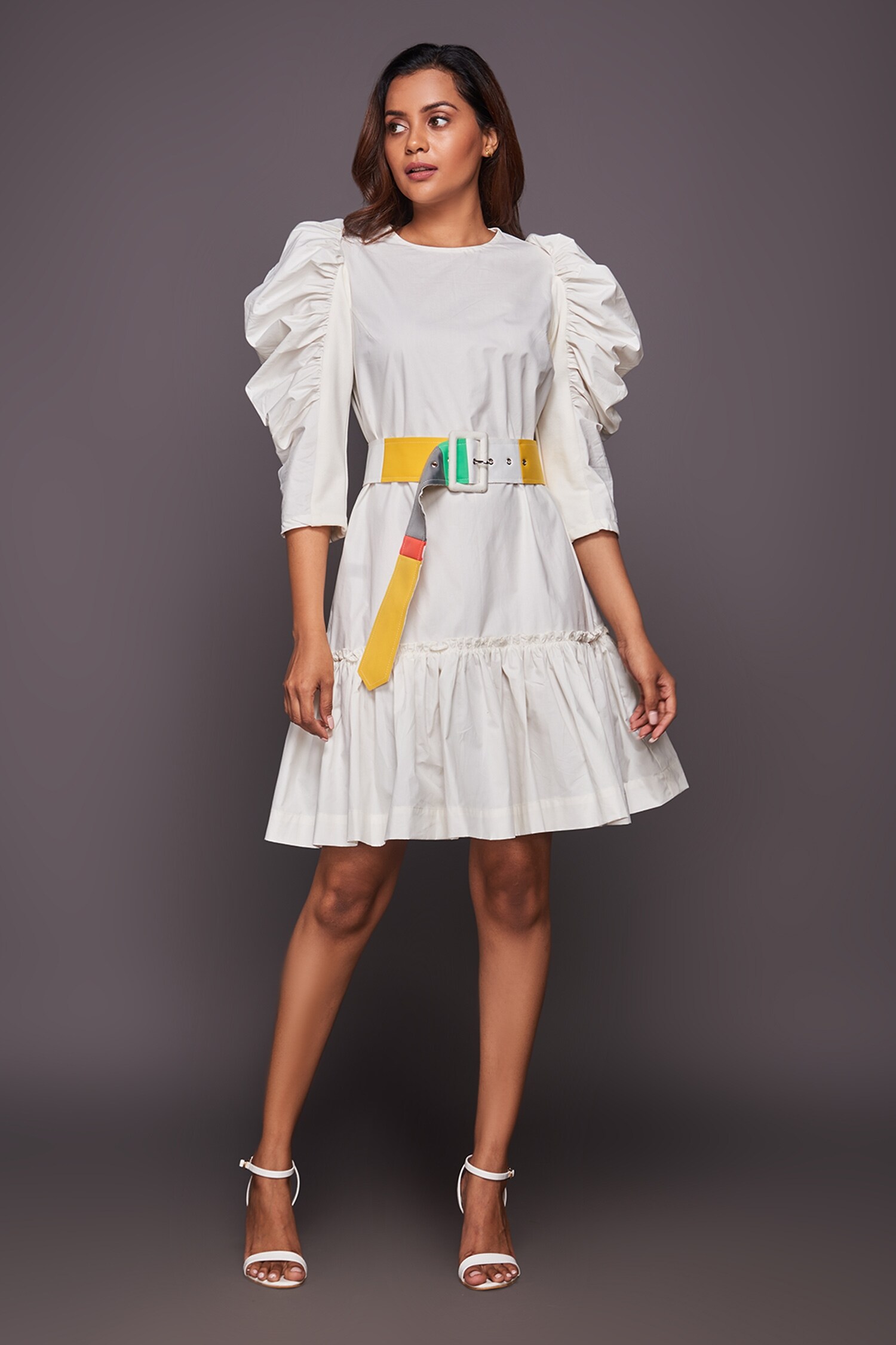 Deepika Arora White Cotton Puff Sleeve Dress