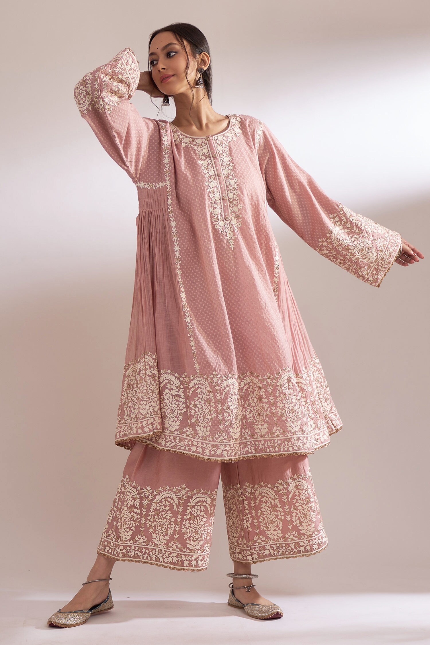 Heena Kochhar Pink Tissue Choga Zari Aari Embroidered Kurta And Palazzo Set