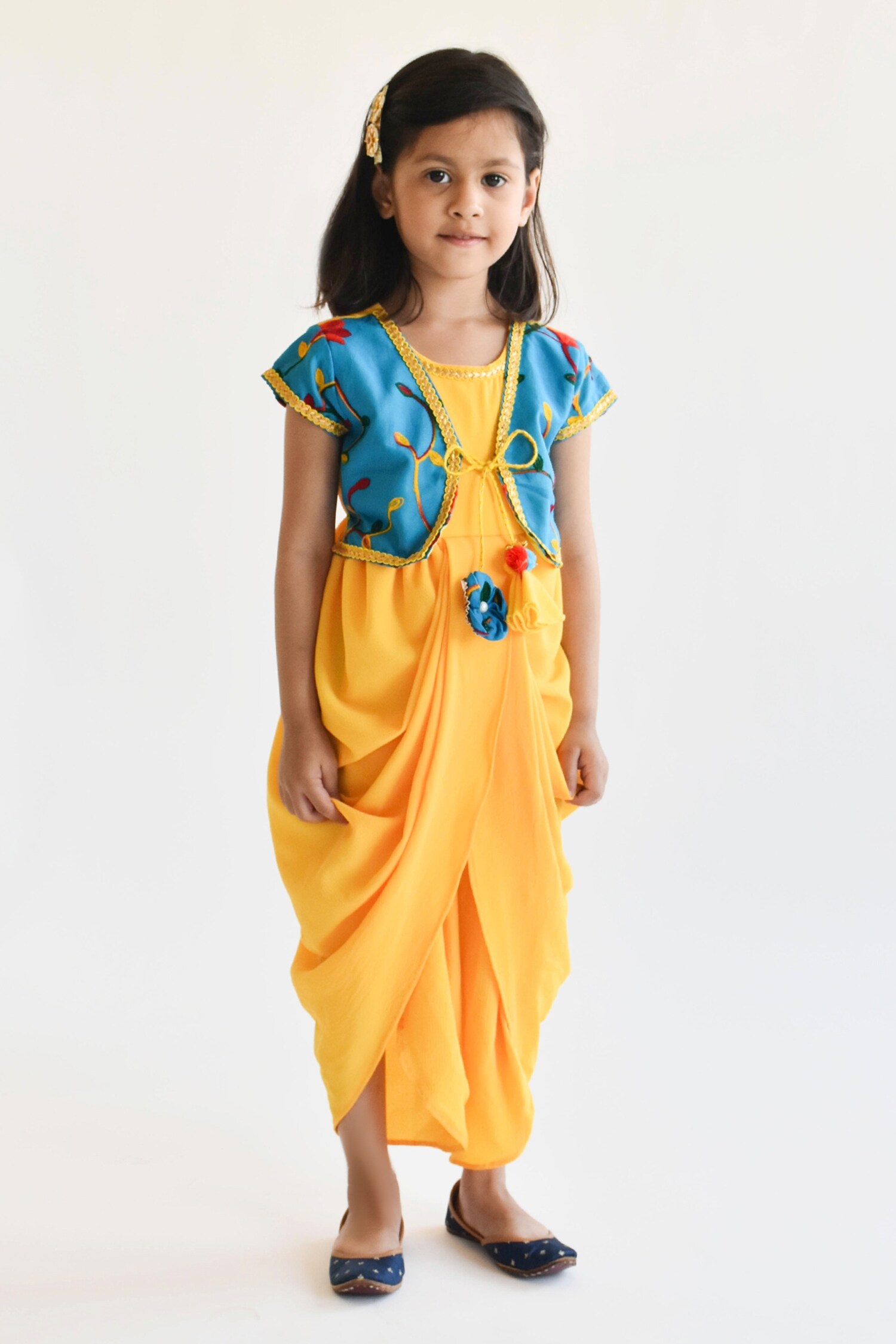 Buy FAYON KIDS Yellow Dhoti Jumpsuit With Attached Jacket For Girls ...