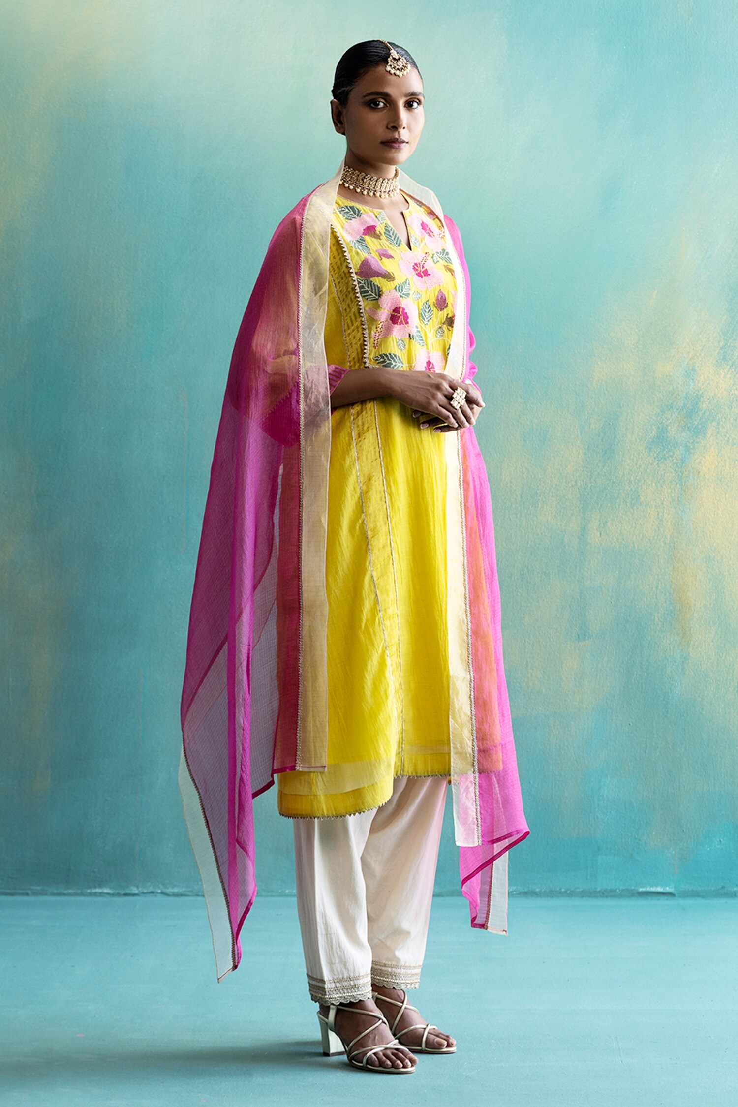 Shivani Bhargava Pink Kota Silk Colorblock Dupatta