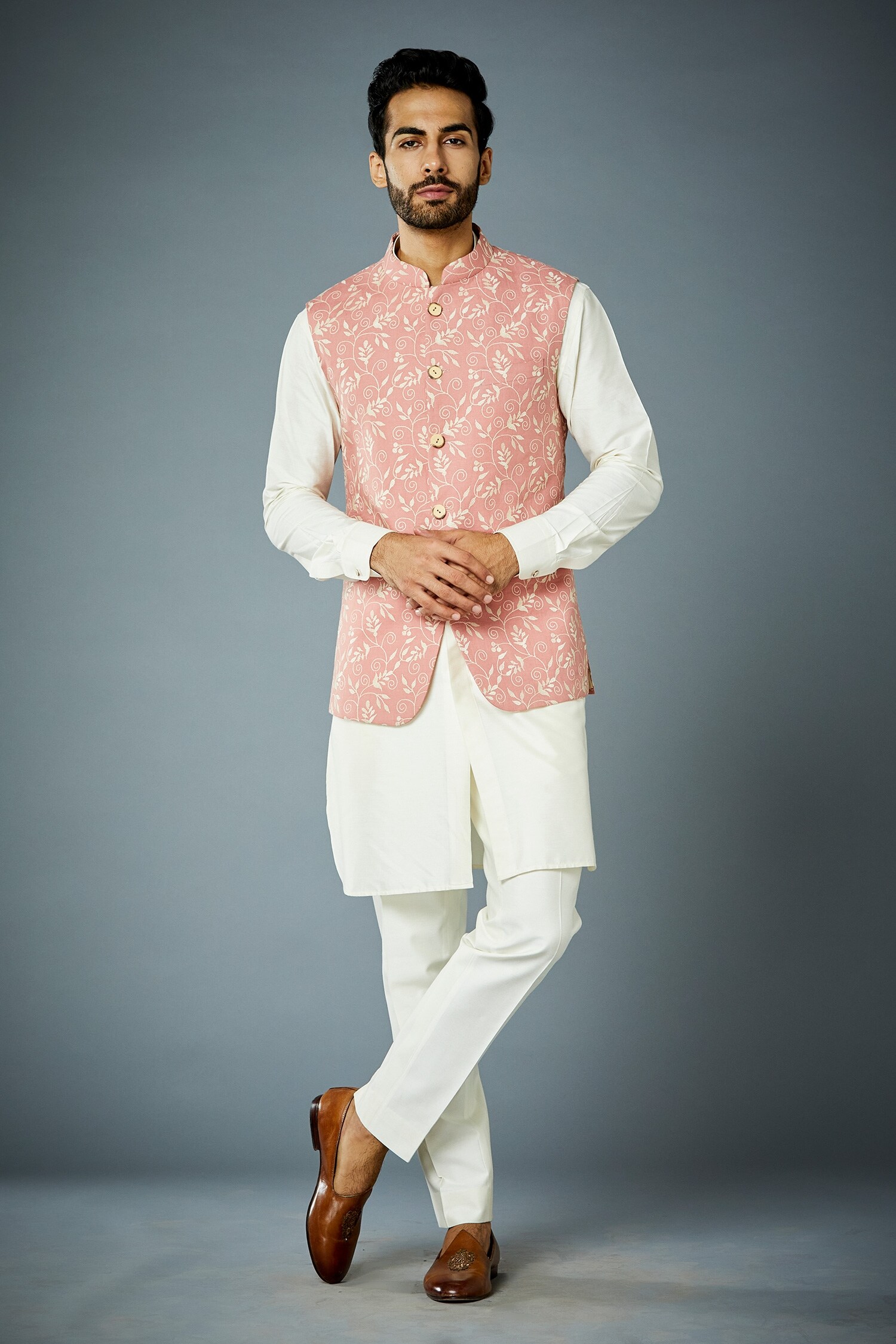 Buy Gargee Designers Pink Linen Embroidered Bundi And Kurta Set Online ...