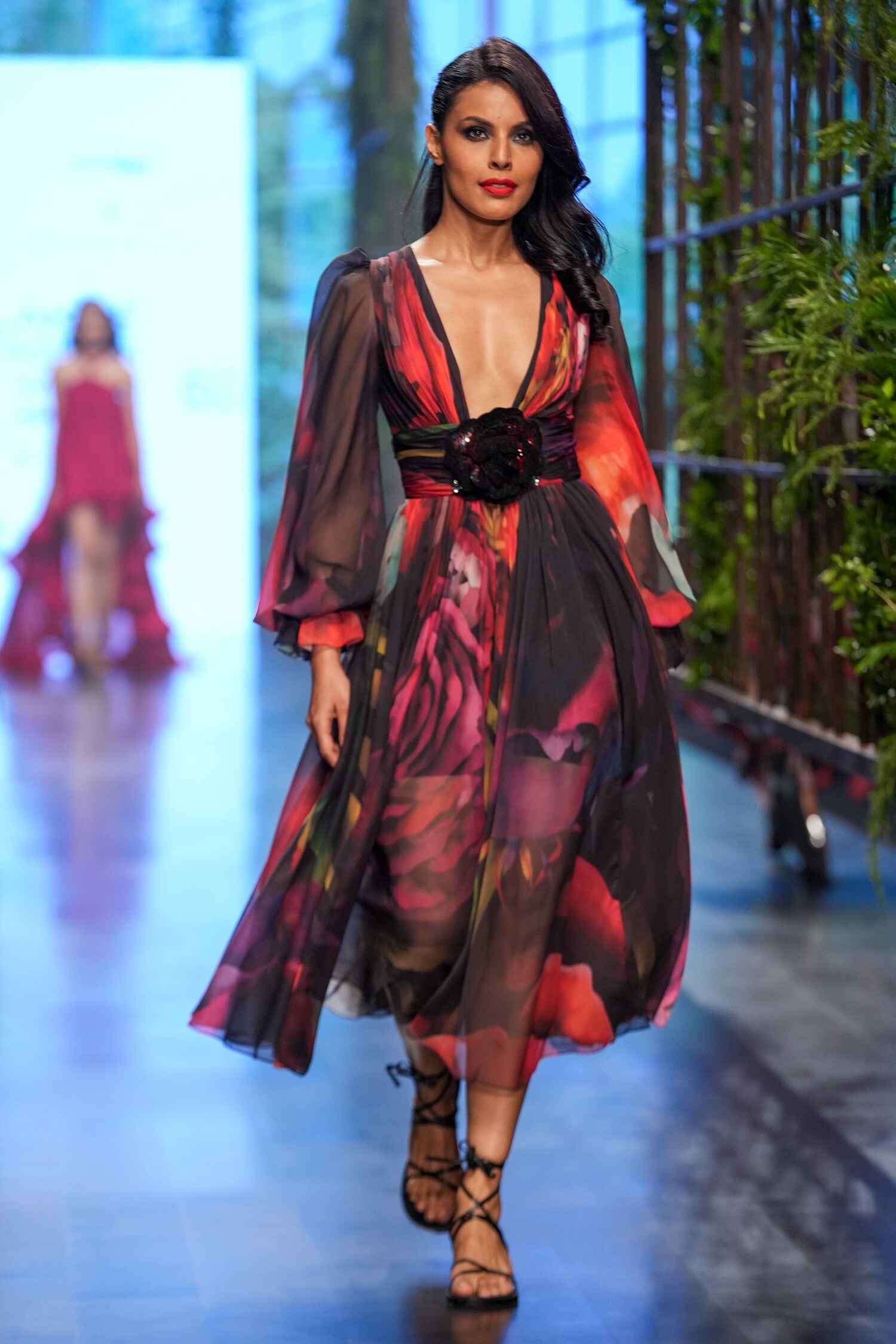 Gauri & Nainika Black Floral Print Flared Dress