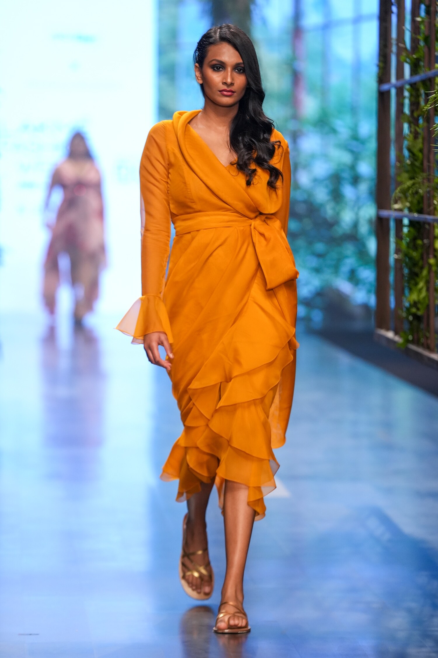 Gauri & Nainika Yellow Cluster Shawl Collar Wrap Dress