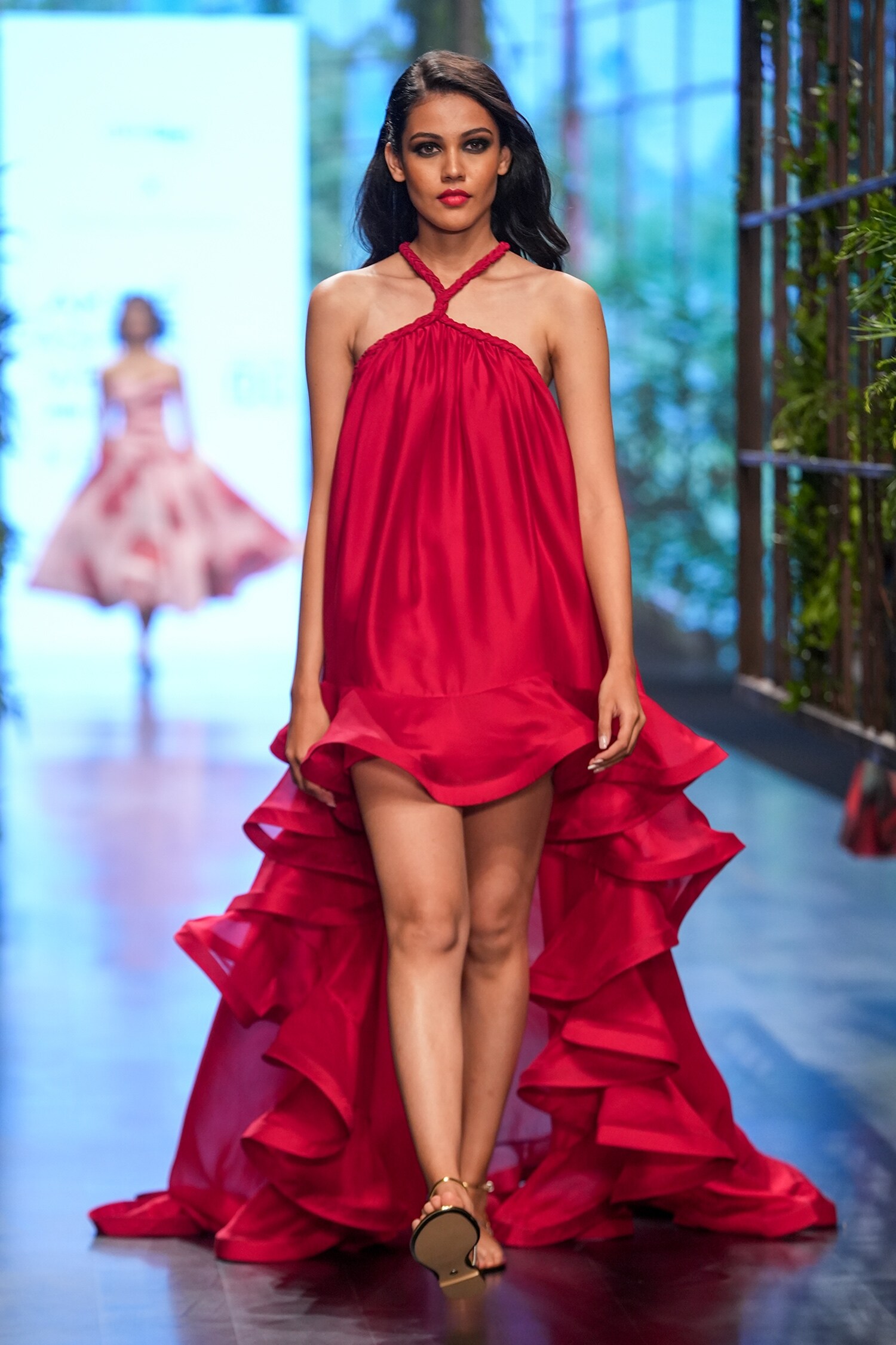Gauri & Nainika Red Viskolyk Asymmetric Ruffle Hem Dress