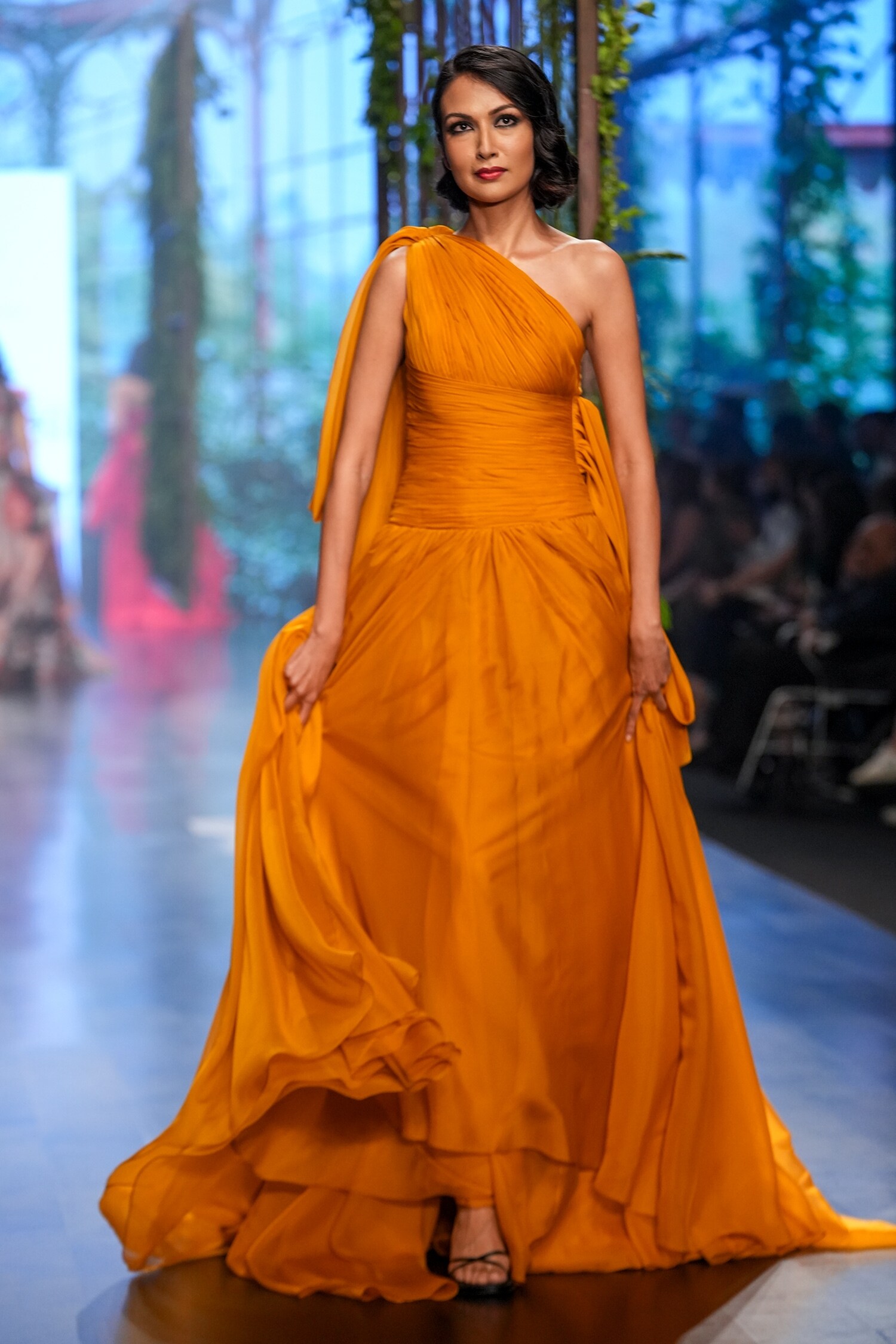 Gauri & Nainika Yellow Cluster One Shoulder Draped Gown