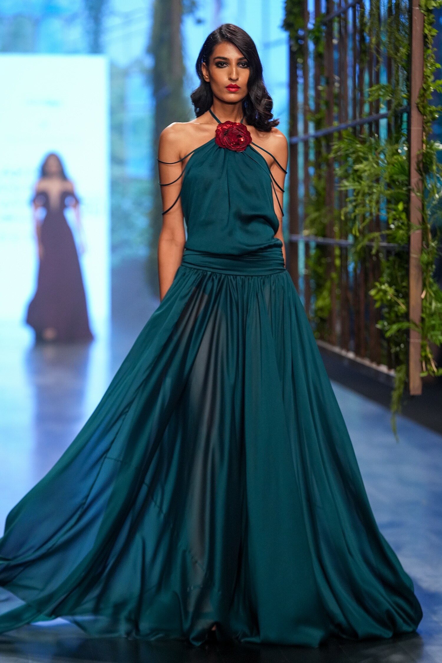 Gauri & Nainika Green Viskolyk Multi String Backless Gown