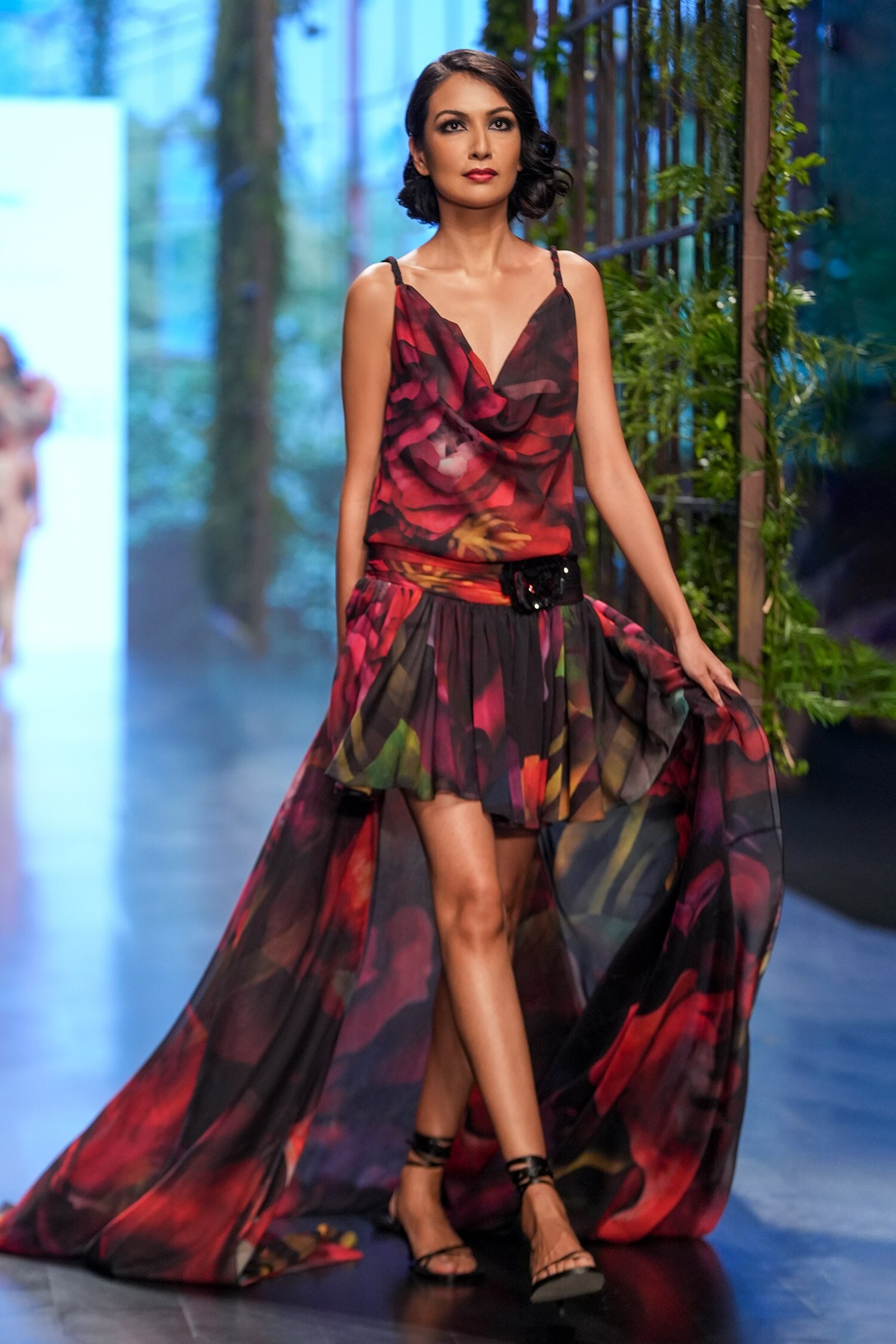 Gauri & Nainika Multi Color Crinkled Chiffon Floral Print Gown