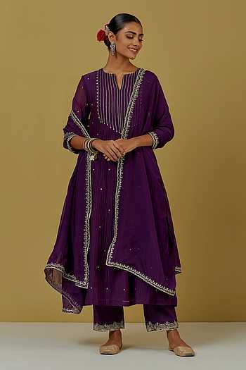 Purple Chanderi Kurta Set with pockets