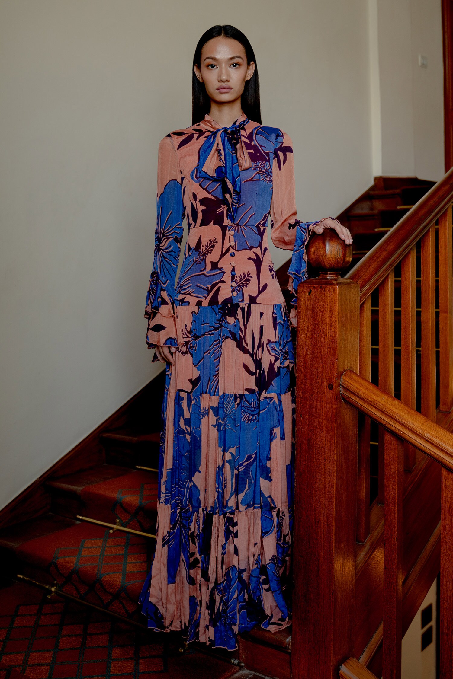 KoAi Blue Chiffon Floral Pattern Tiered Dress