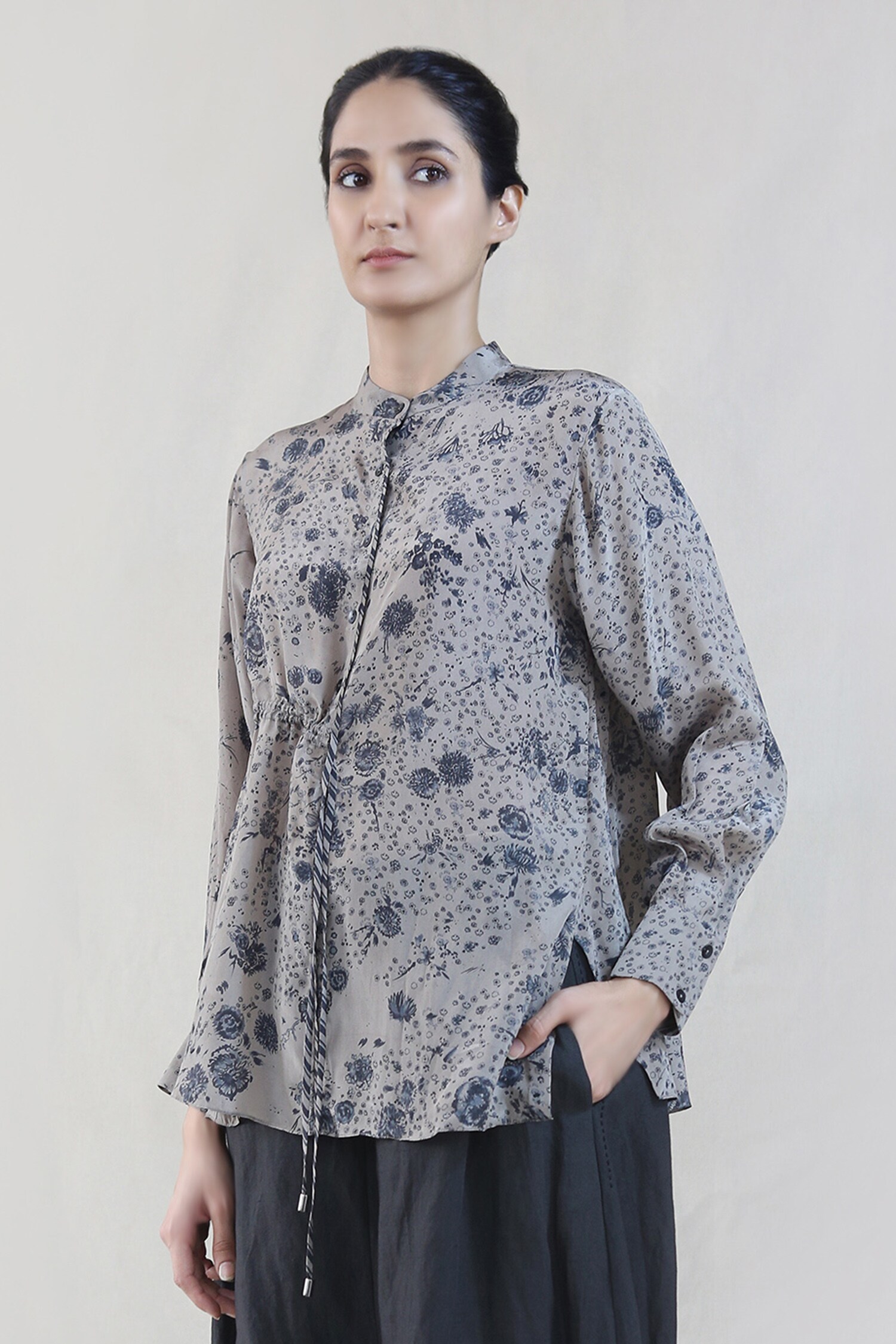 Integument Grey Crepe Floral Print Top