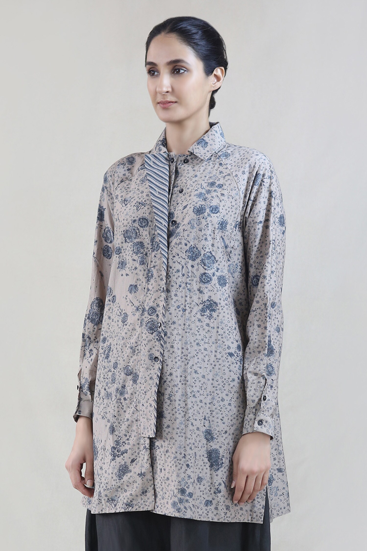Integument Grey Cotton Silk Floral Print Tunic