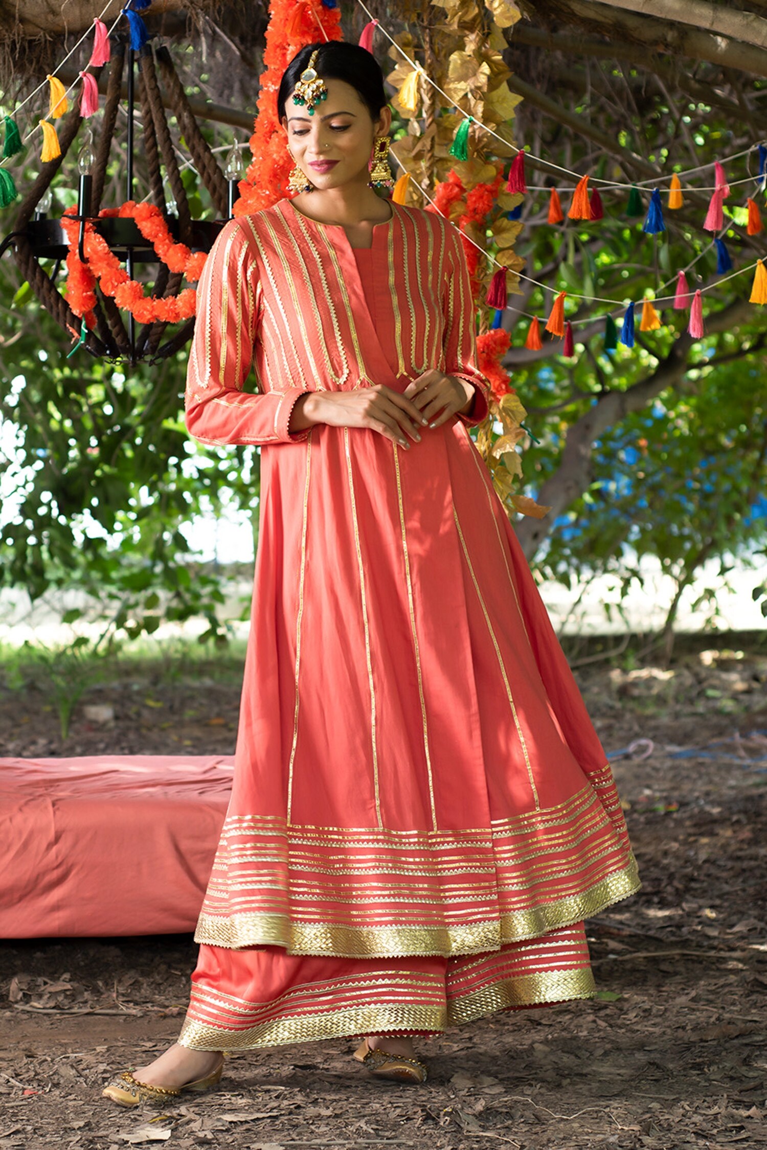 Tanu Malhotra Coral Kurta Embroidered Anarkali And Farshi Pyjama Set