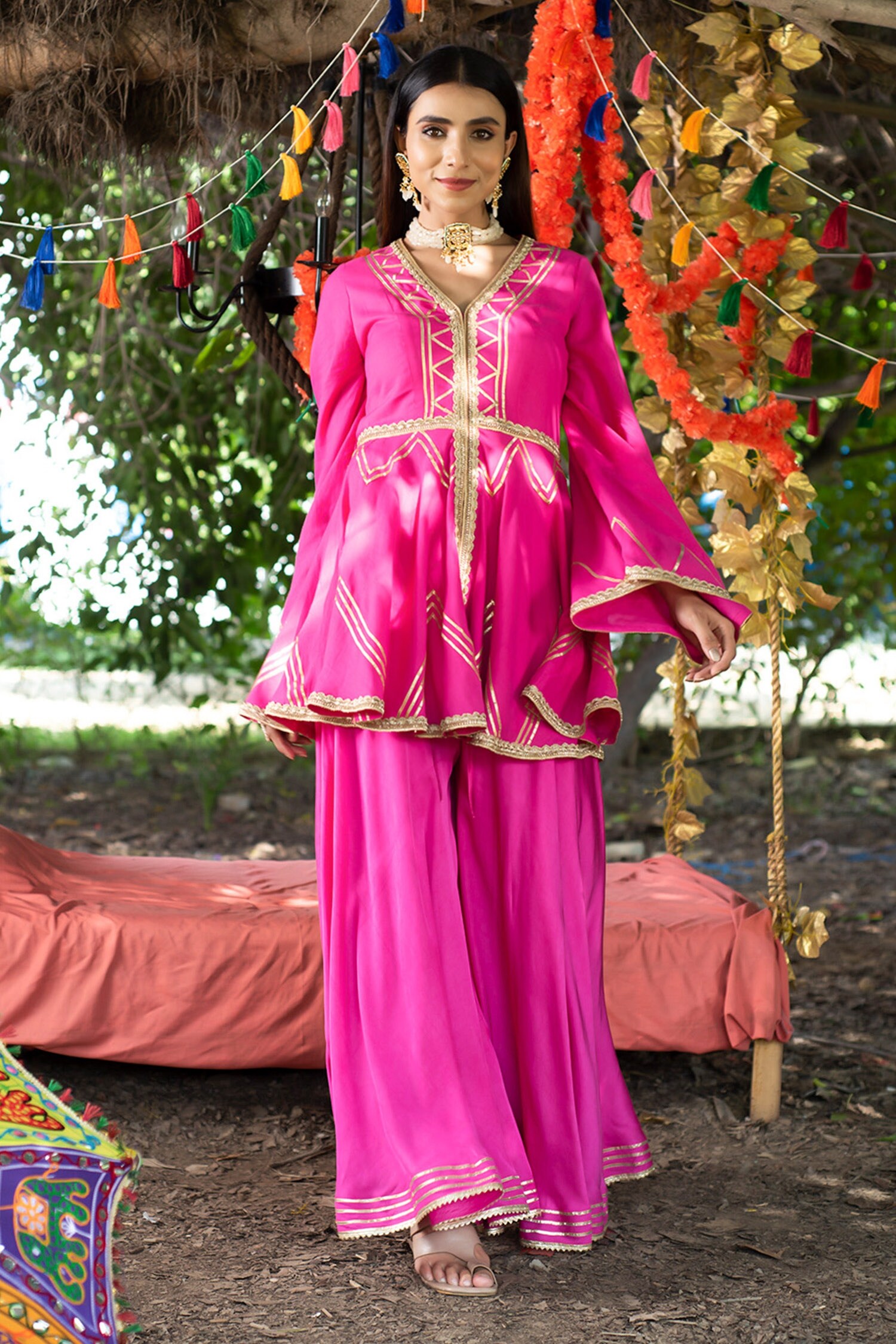 Tanu Malhotra Fuchsia Embroidered Peplum Kurta And Sharara Set