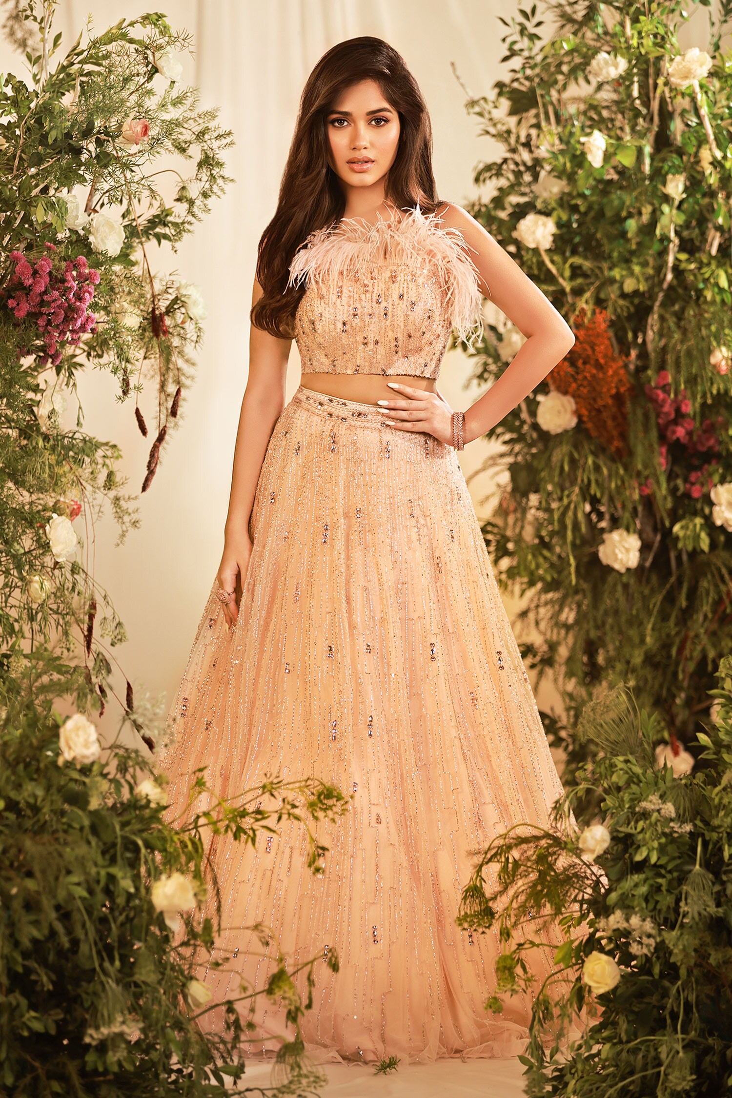 buy-shivani-awasty-pink-feather-embellished-blouse-lehenga-set-online