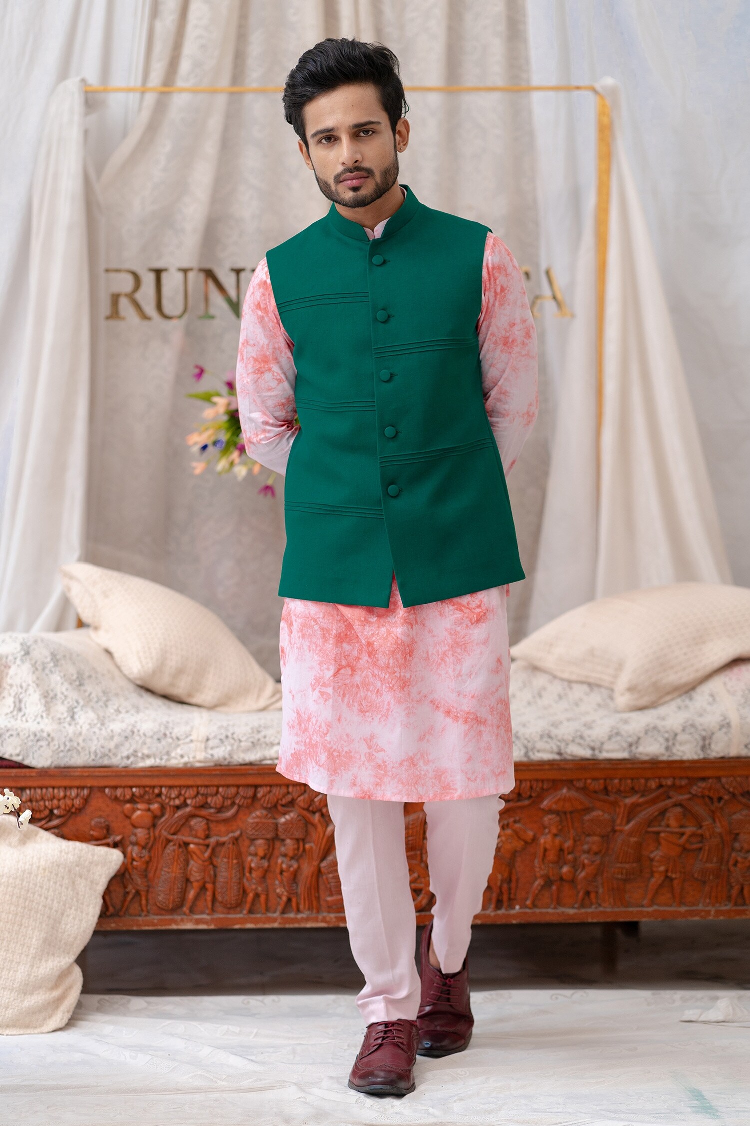 Runit Gupta Green Cotton Linen Pintuck Bundi
