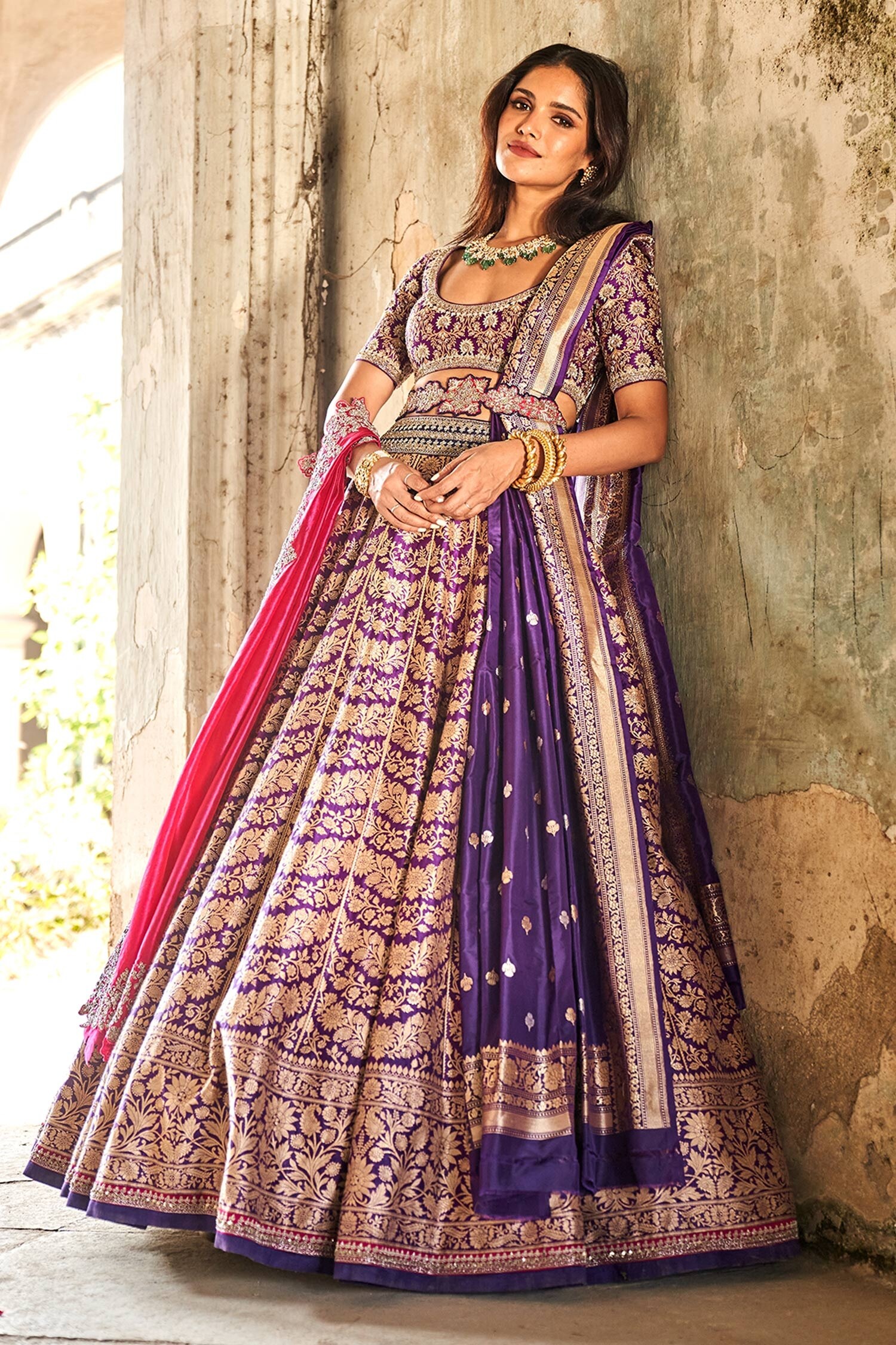 JAYANTI REDDY Purple Raw Silk Zardozi Embroidered Banarasi Lehenga Set
