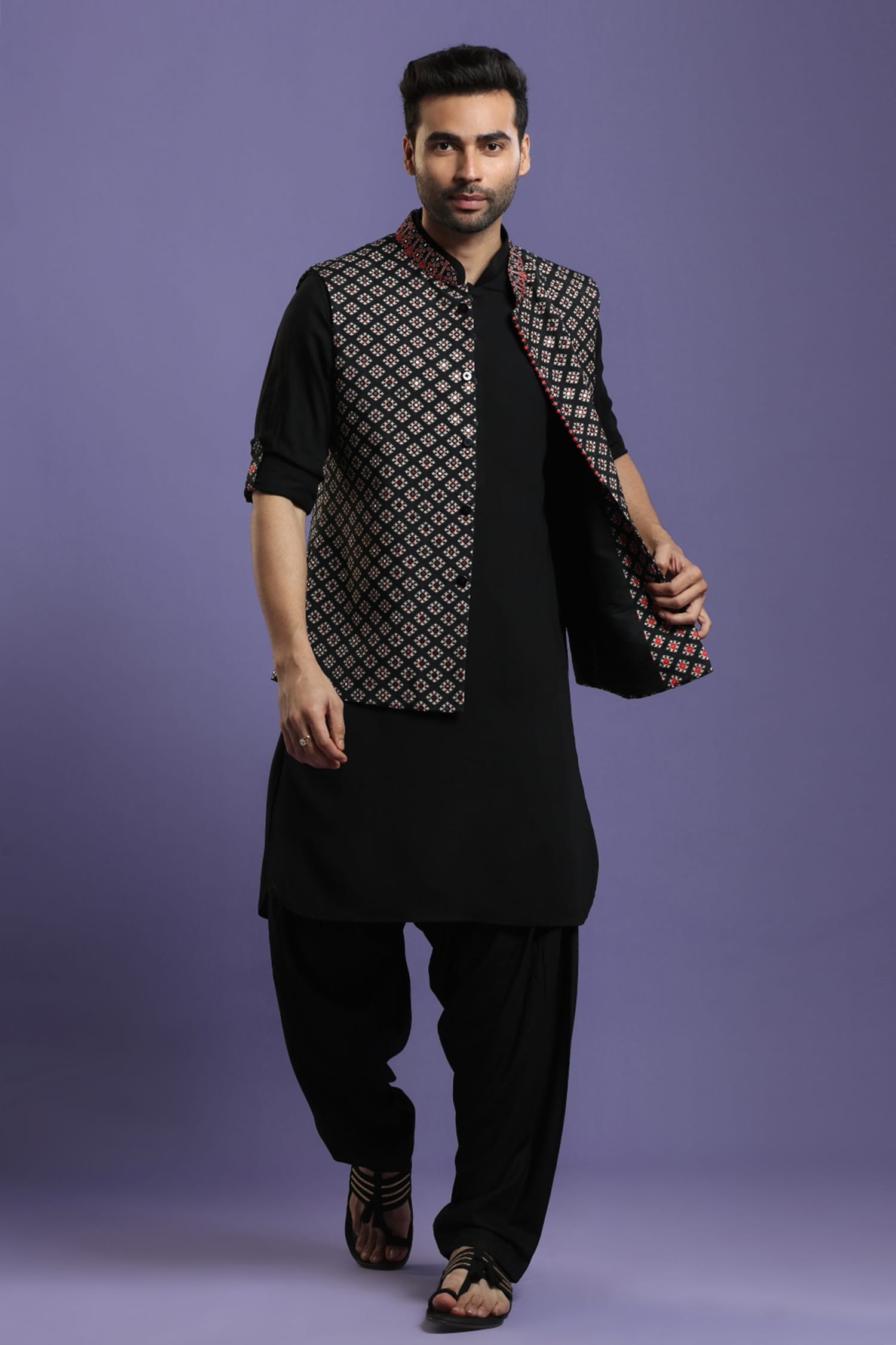 Buy Kora By Nilesh Mitesh Black Silk Blend Embroidered Bundi And Kurta ...