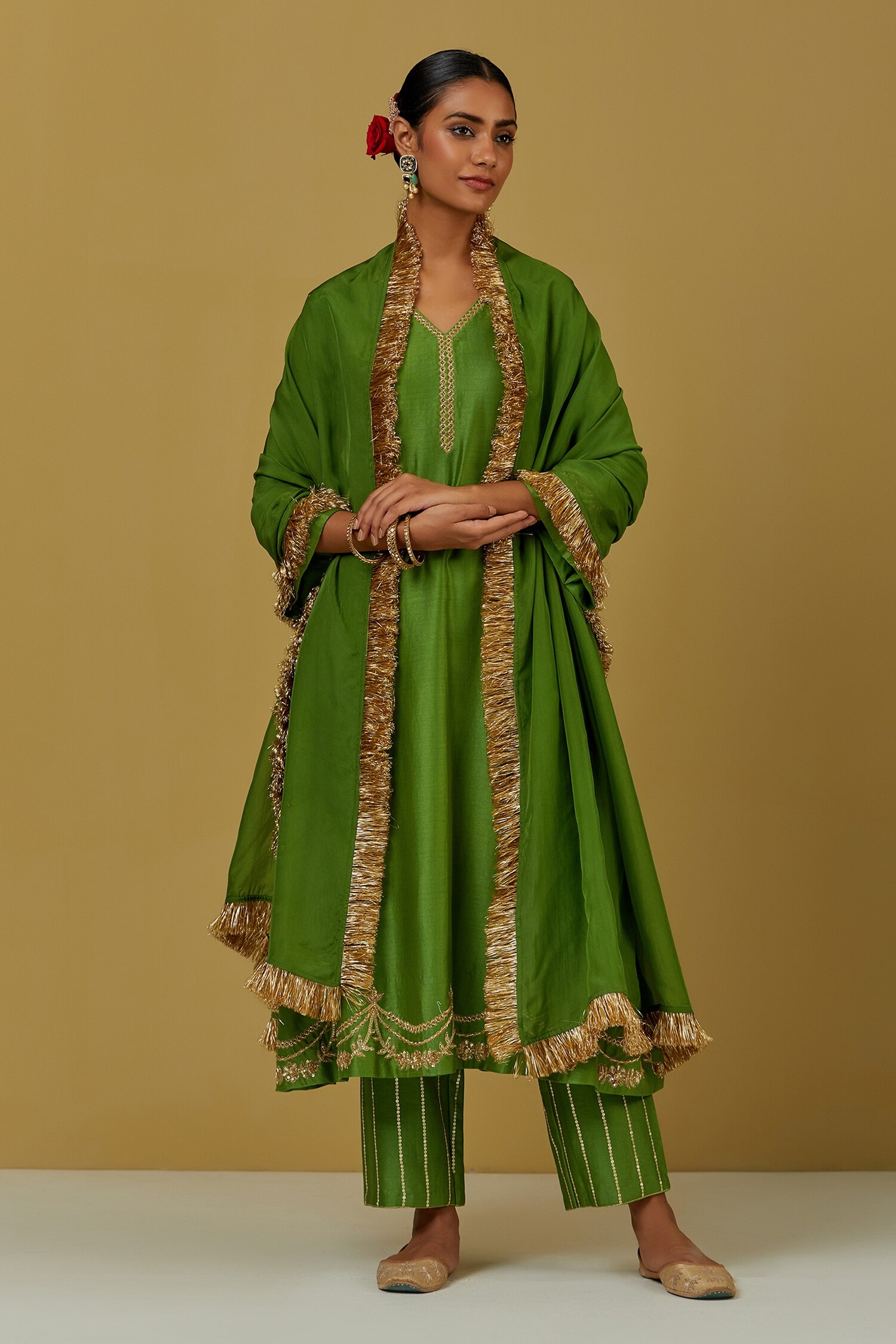 Buy Ikshita Choudhary Green Tissue Organza Fringe Border Dupatta Online