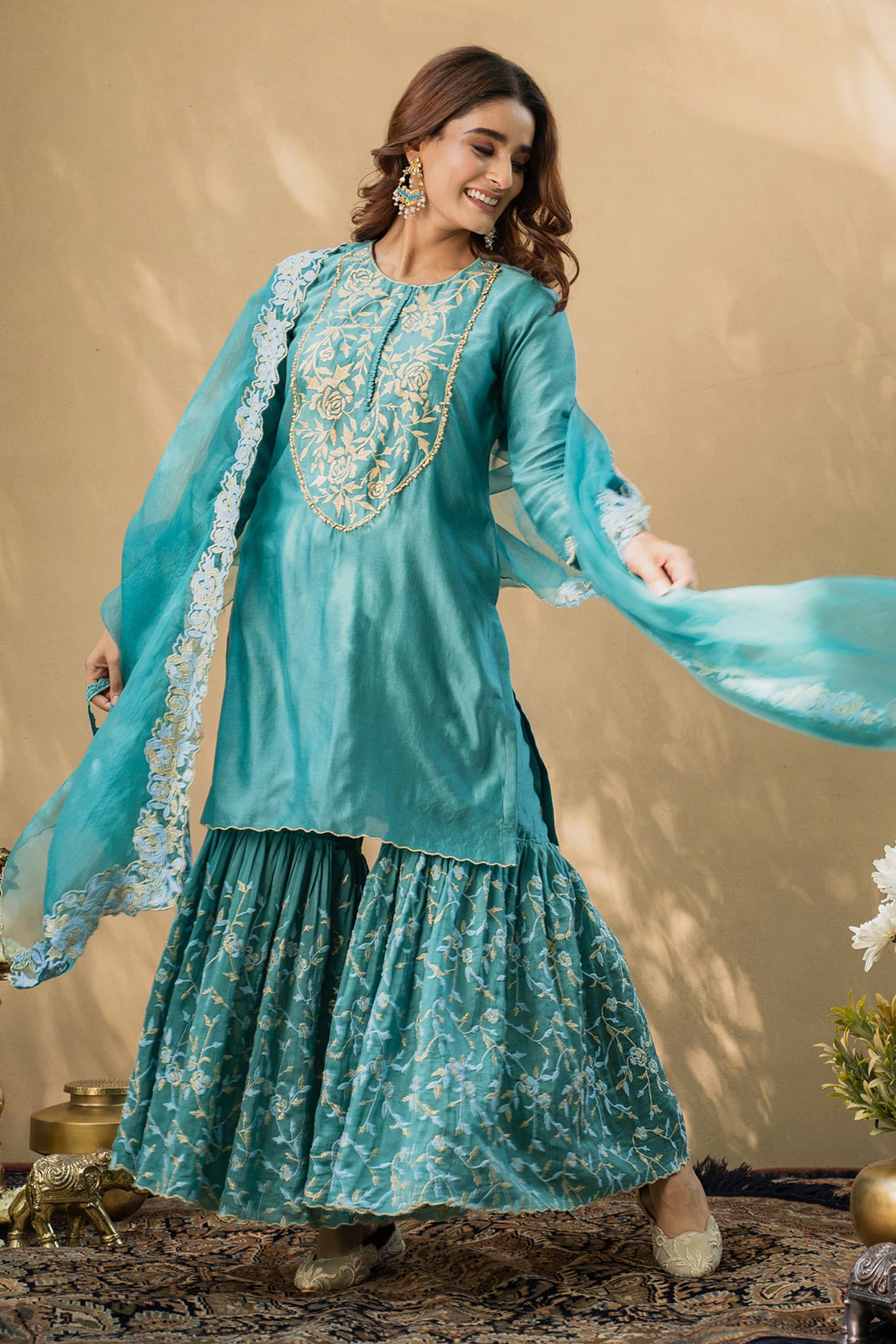 Buy Naaz By Noor Blue Cotton Chanderi Kurta Sharara Set Online | Aza ...