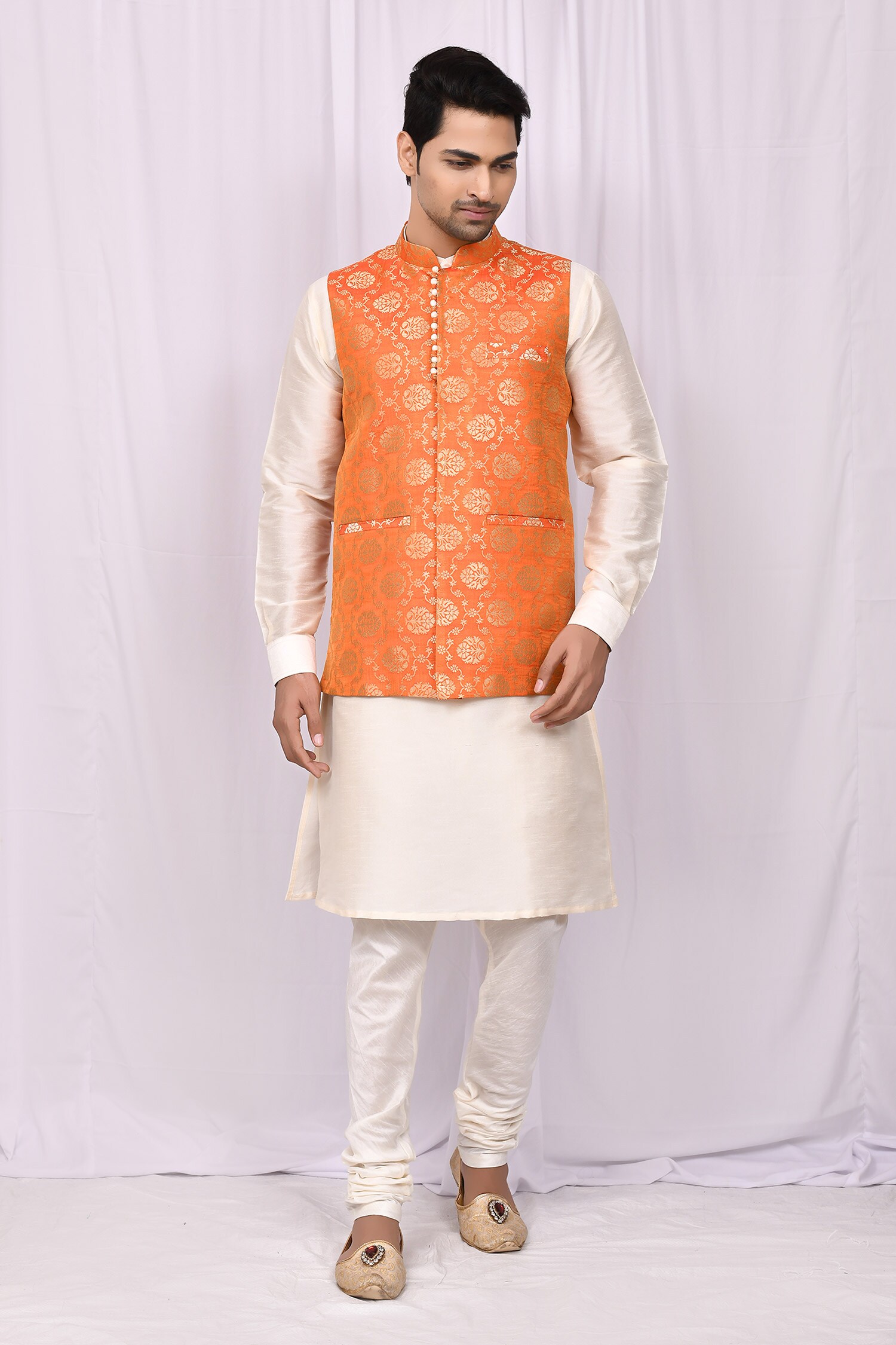 Arihant Rai Sinha Orange Art Silk Woven Bundi And Kurta Set