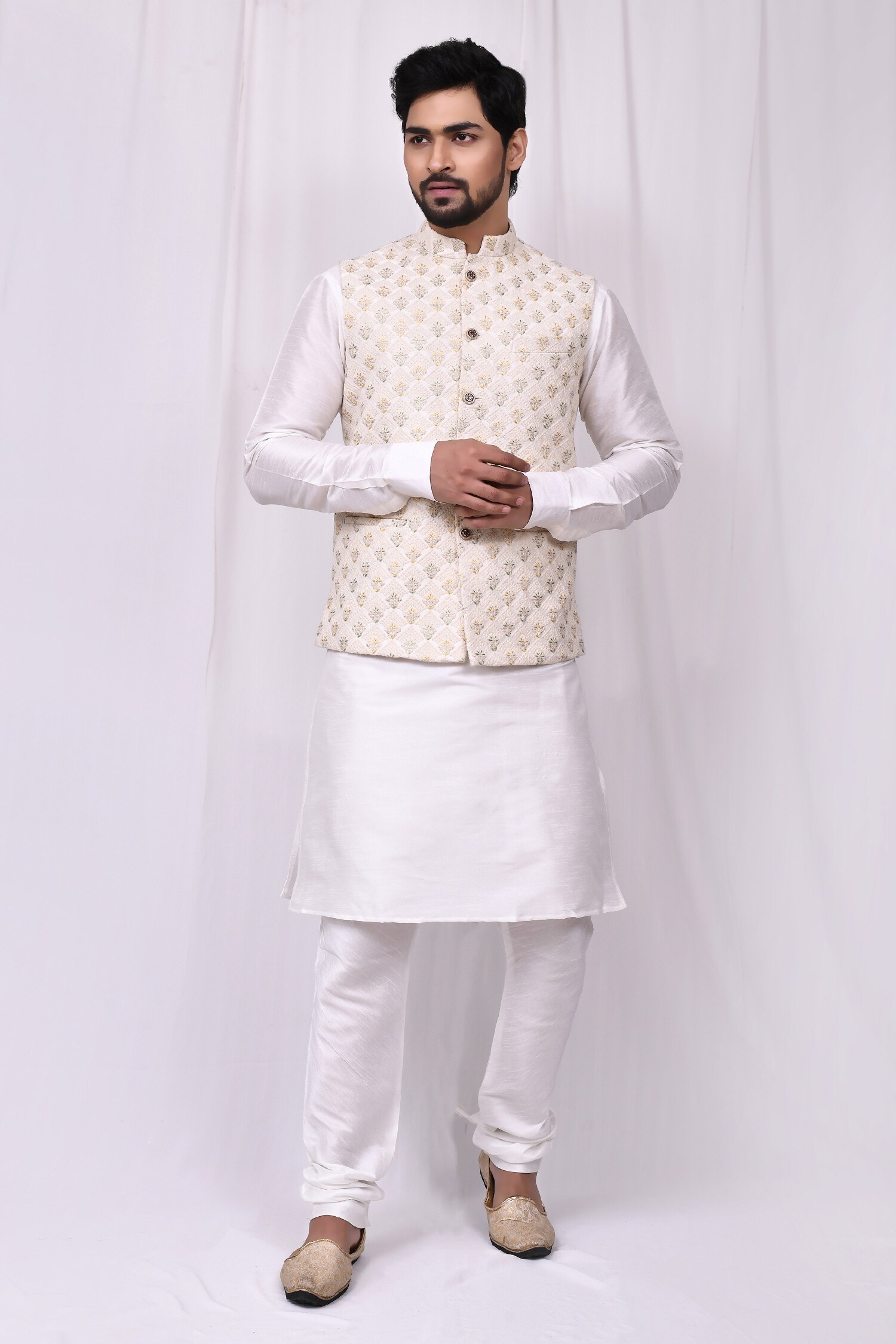 Buy Samyukta Singhania White Art Silk Embroidered Bundi And Kurta Set ...