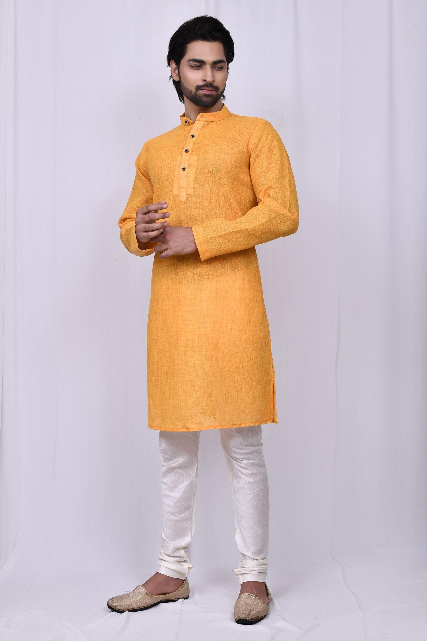 Buy Khwaab by Sanjana Lakhani Yellow Cotton Mandarin Collar Kurta Set ...