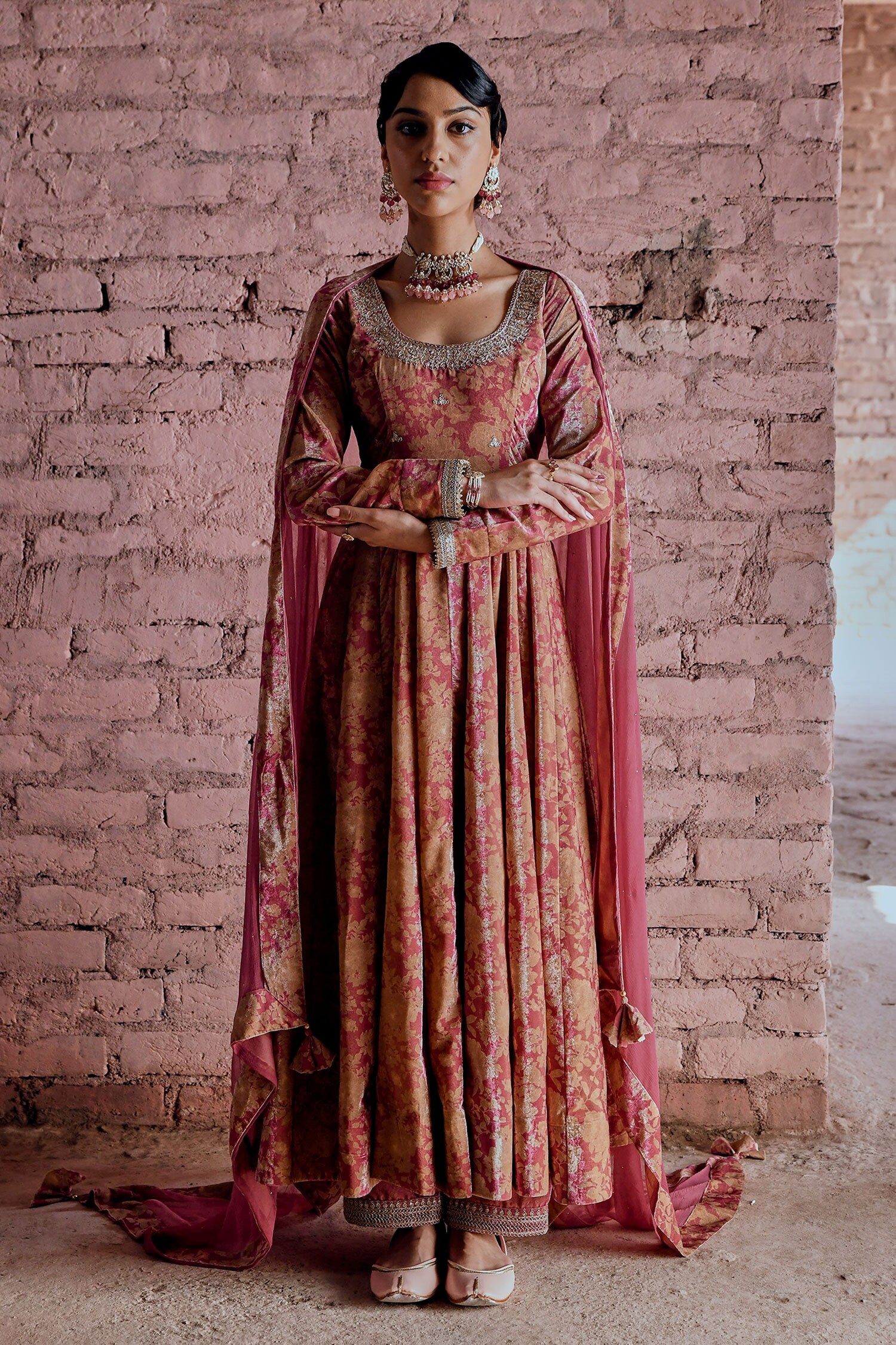 Buy KARAJ JAIPUR Pink Floral Print Anarkali Set Online Aza Fashions