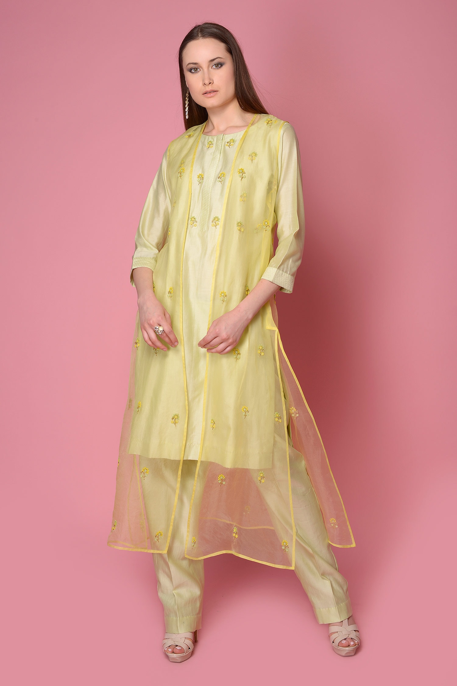 Buy Surabhi Arya Yellow Organza Jacket And Silk Chanderi Kurta Set
