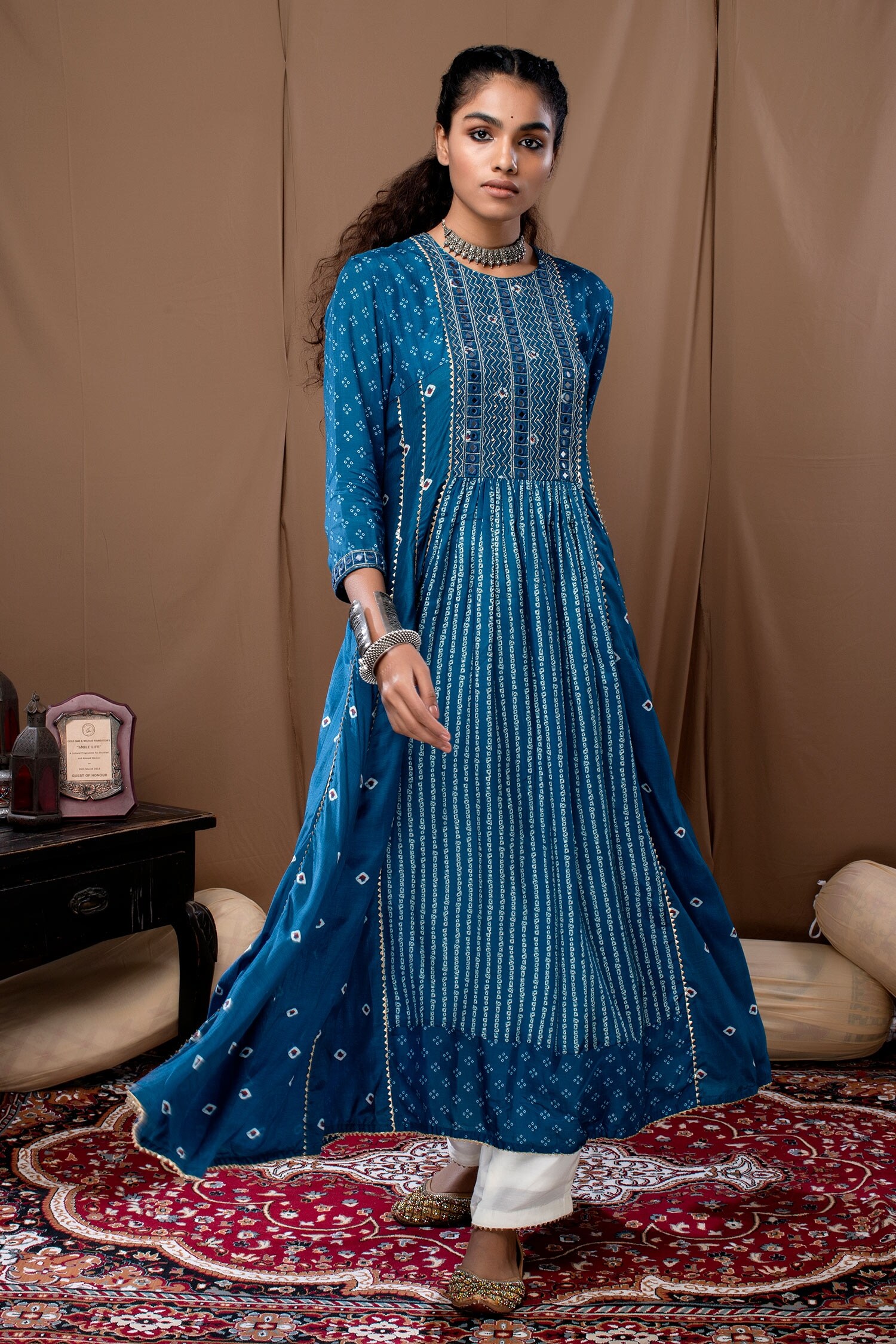 Buy Label Kinjal Modi Blue Cotton Silk Bandhani Print Anarkali And Pant ...