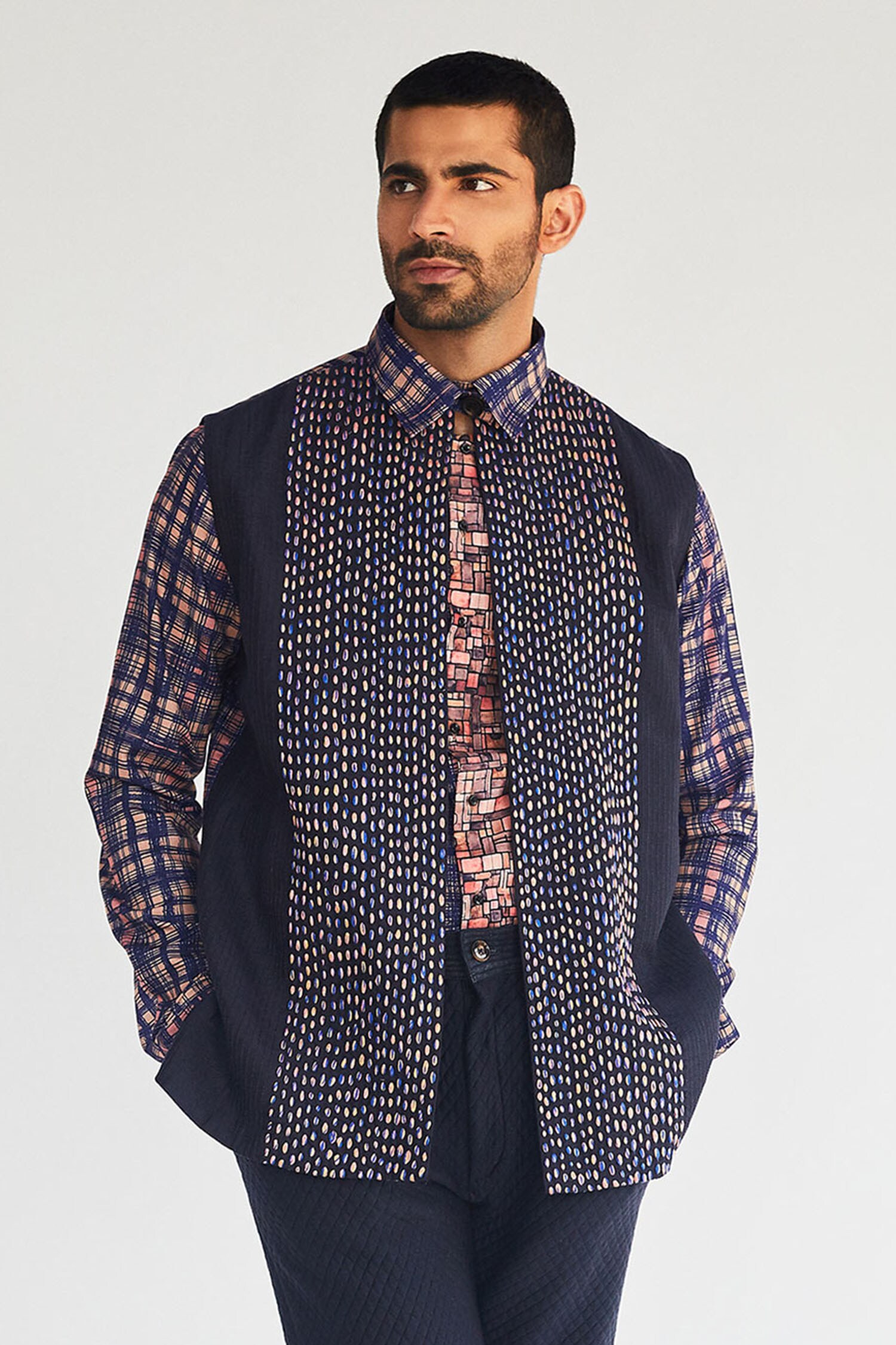 Kunal Anil Tanna Blue Cotton Bundi And Shirt Set