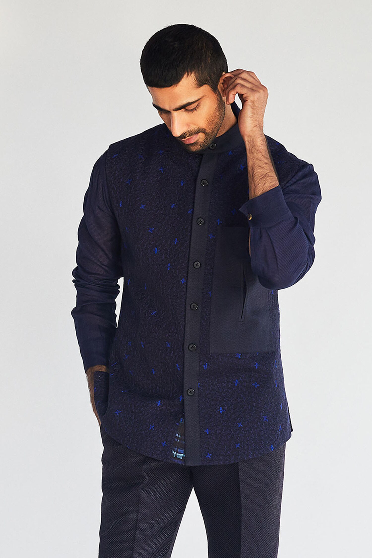 Kunal Anil Tanna Blue Cotton Textured Bundi And Pant Set