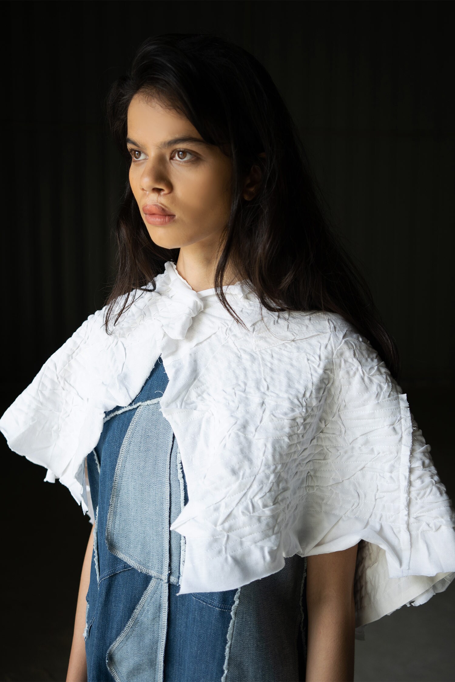 Leh Studios White Cotton Pique Knit Creased Collar Cape