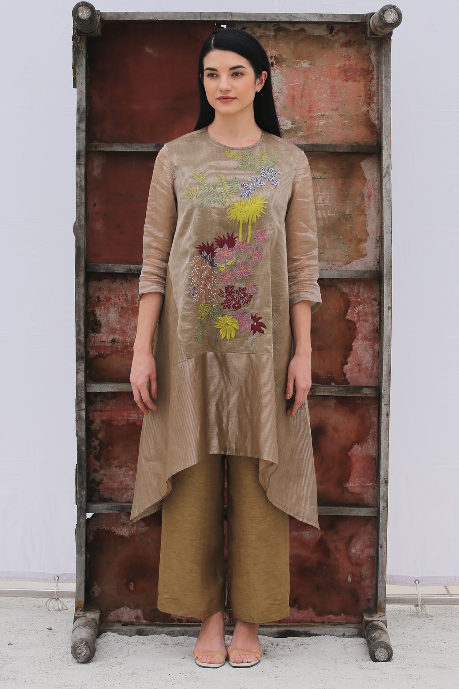 Oja Brown Tissue Silk Tunic And Pant Set
