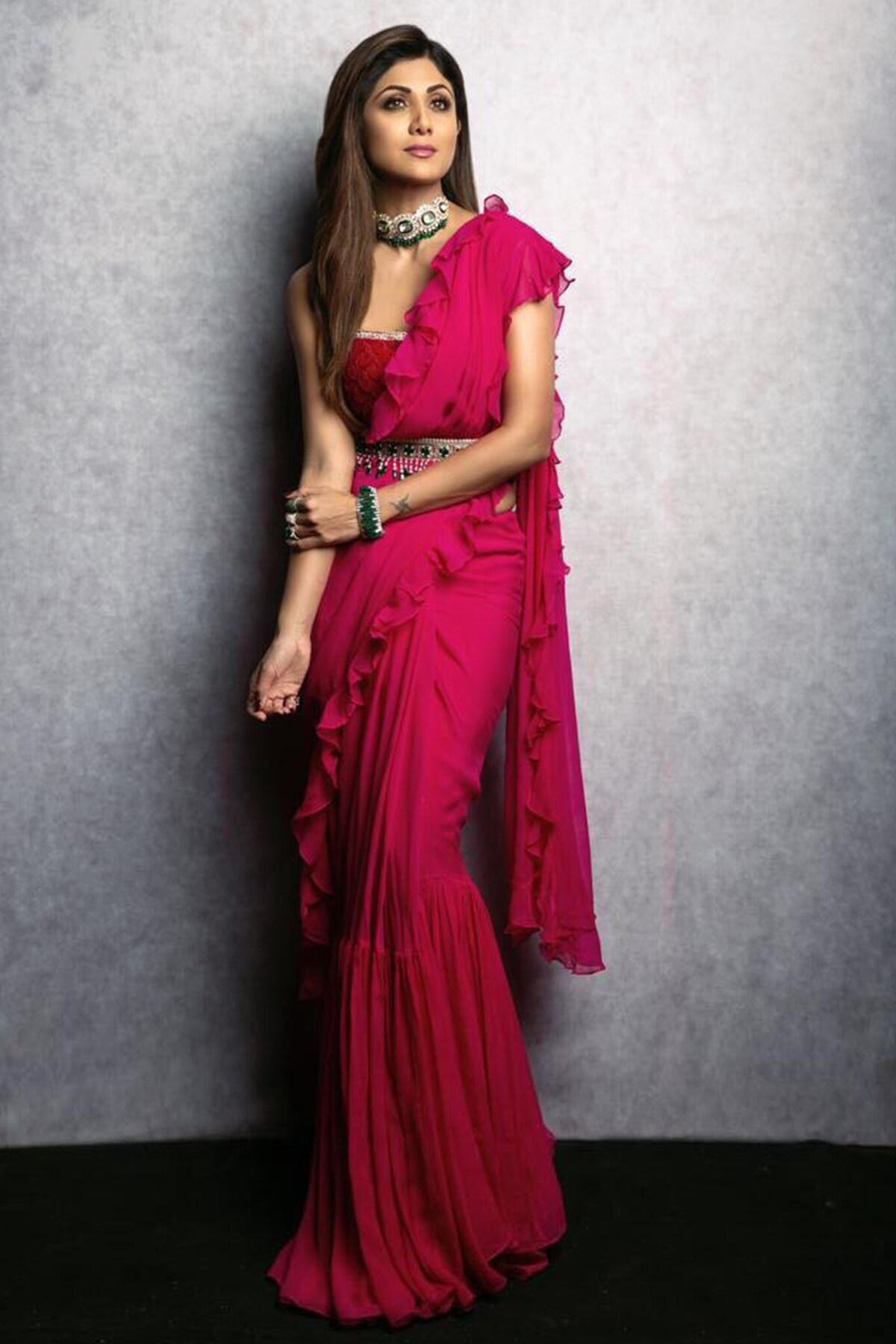 Ridhi Mehra Pink Ruffle Saree With Blouse And Belt