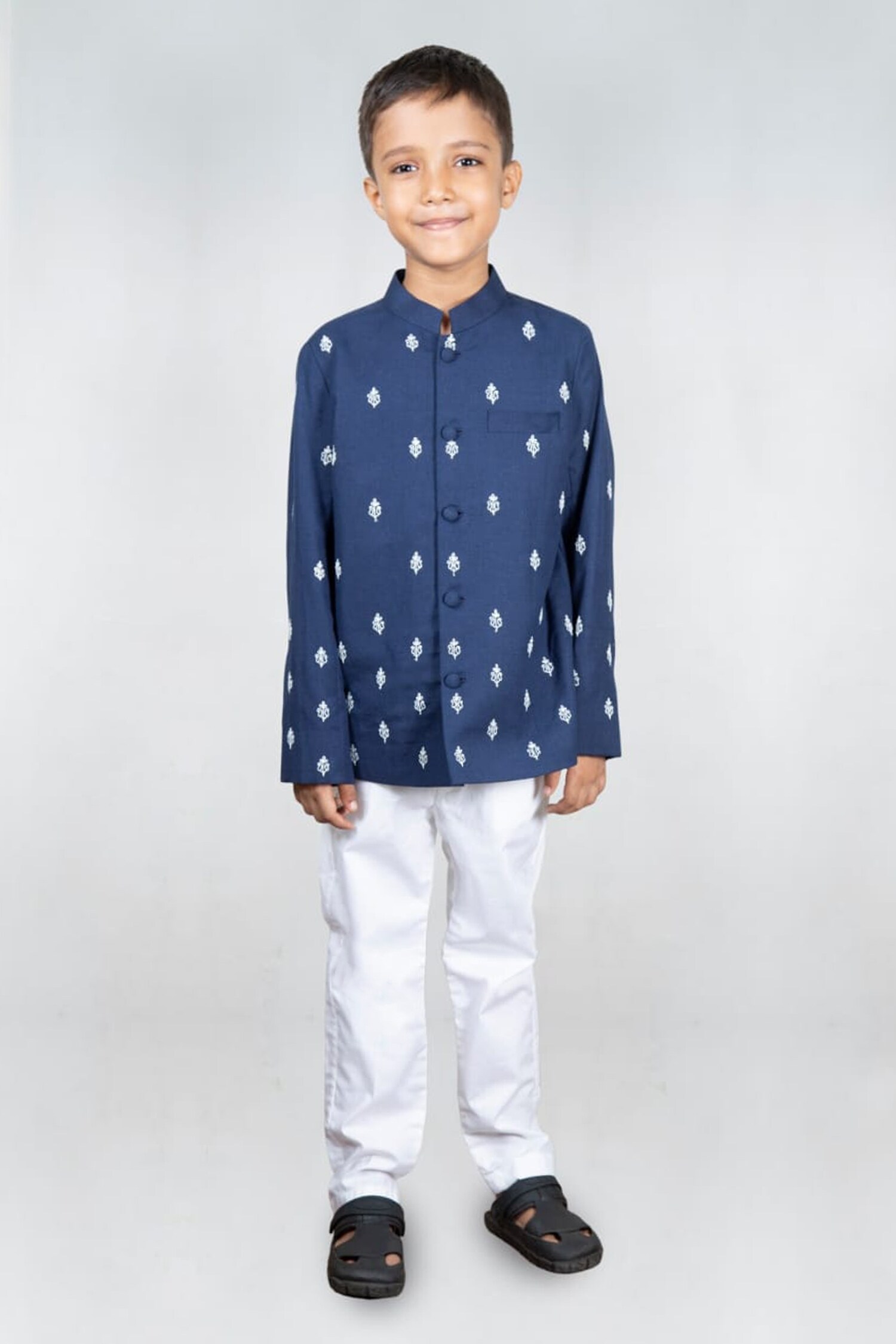 Little Brats Blue Floral Embroidered Jacket And Pant Set For Boys